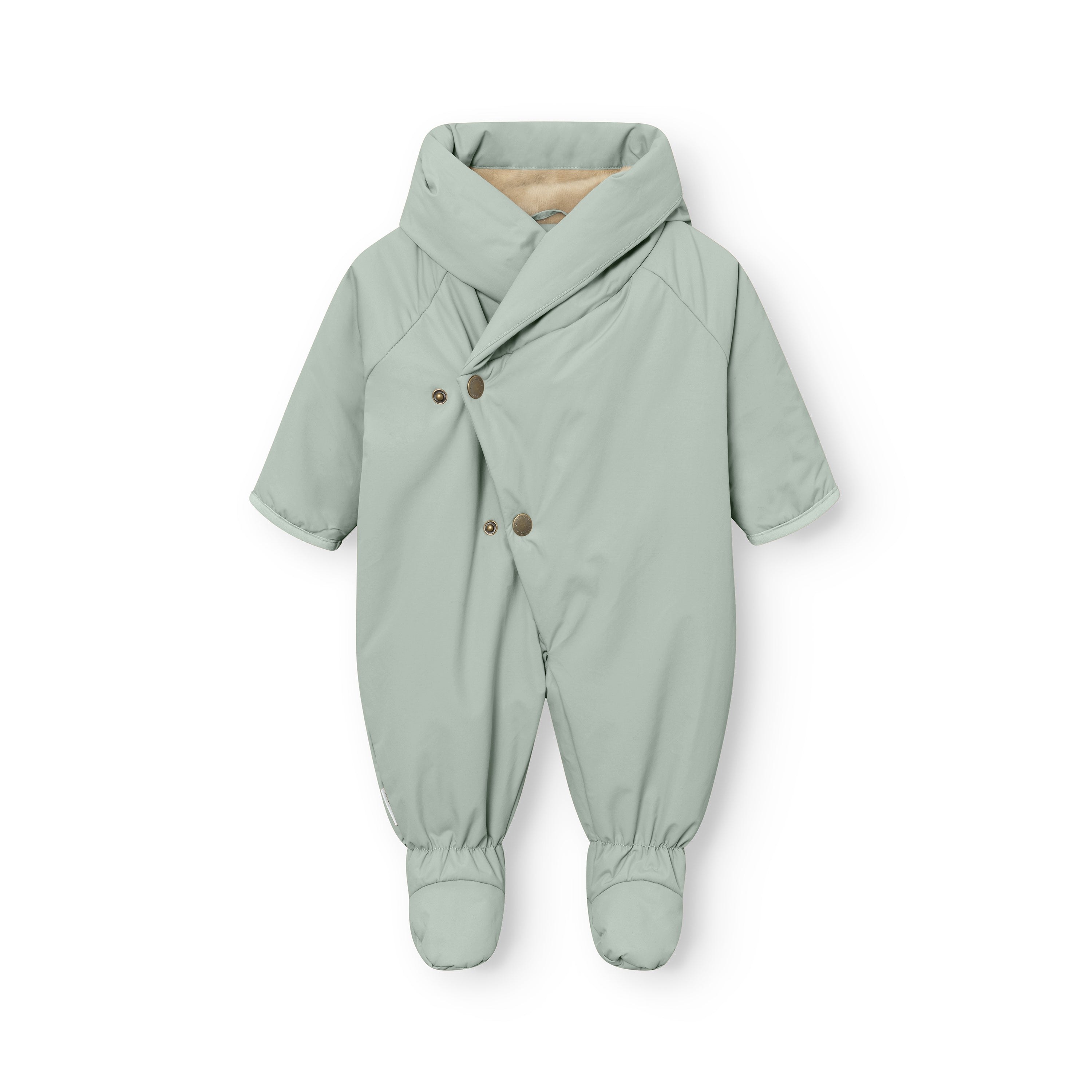 MATFIANNA fleece lined winter pramsuit in sage green, laid flat to show the shawl-collar hood, diagonal snap-button closure with beige inner lining visible at the neckline, THERMOLITE padded sleeves and legs, and built-in socks with elasticated ankle cuffs.