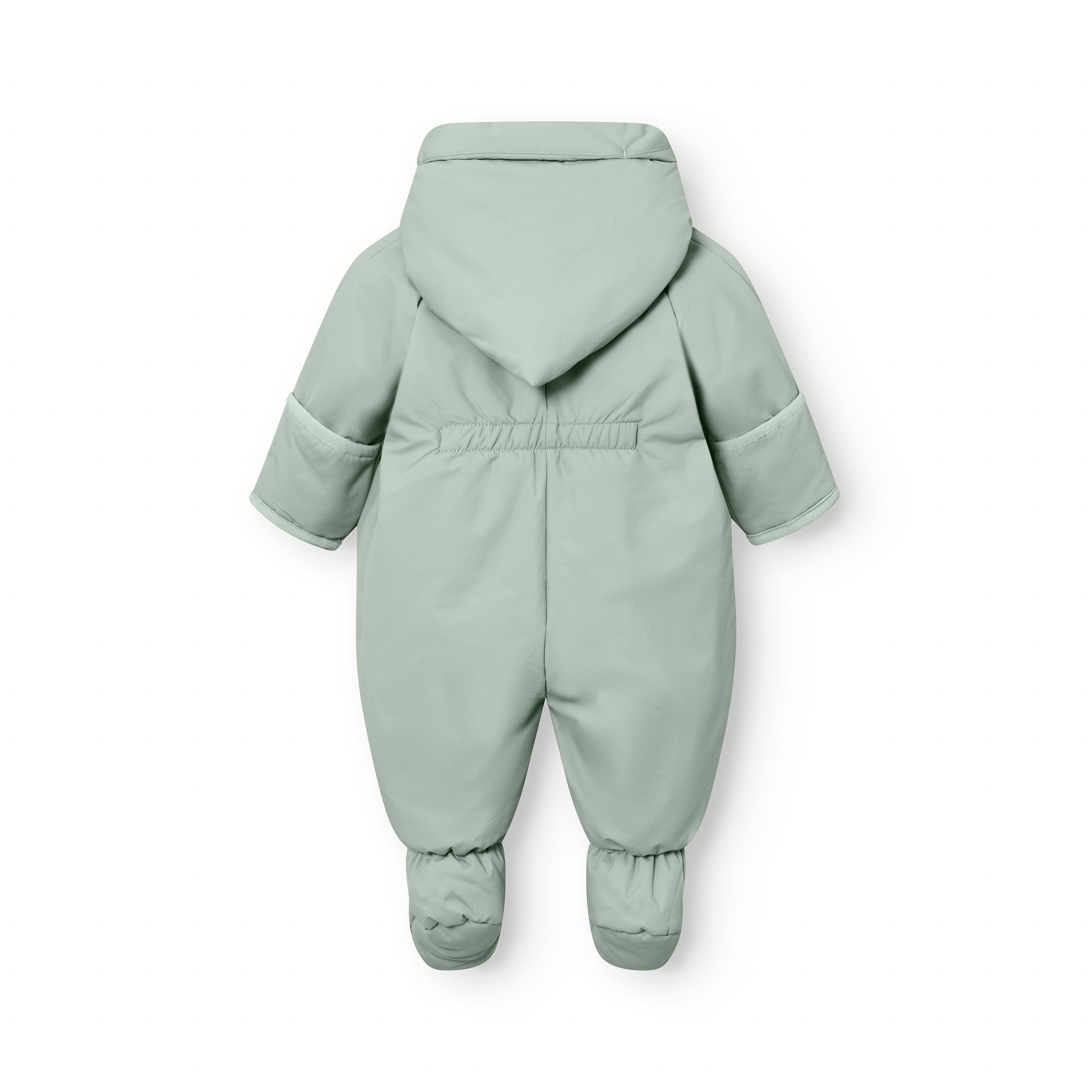 MATFIANNA fleece lined winter pramsuit in sage green, photographed from the back to show the shawl-collar hood, elasticated waist seam, THERMOLITE padded sleeves and legs, and built-in socks with gathered ankle cuffs.
