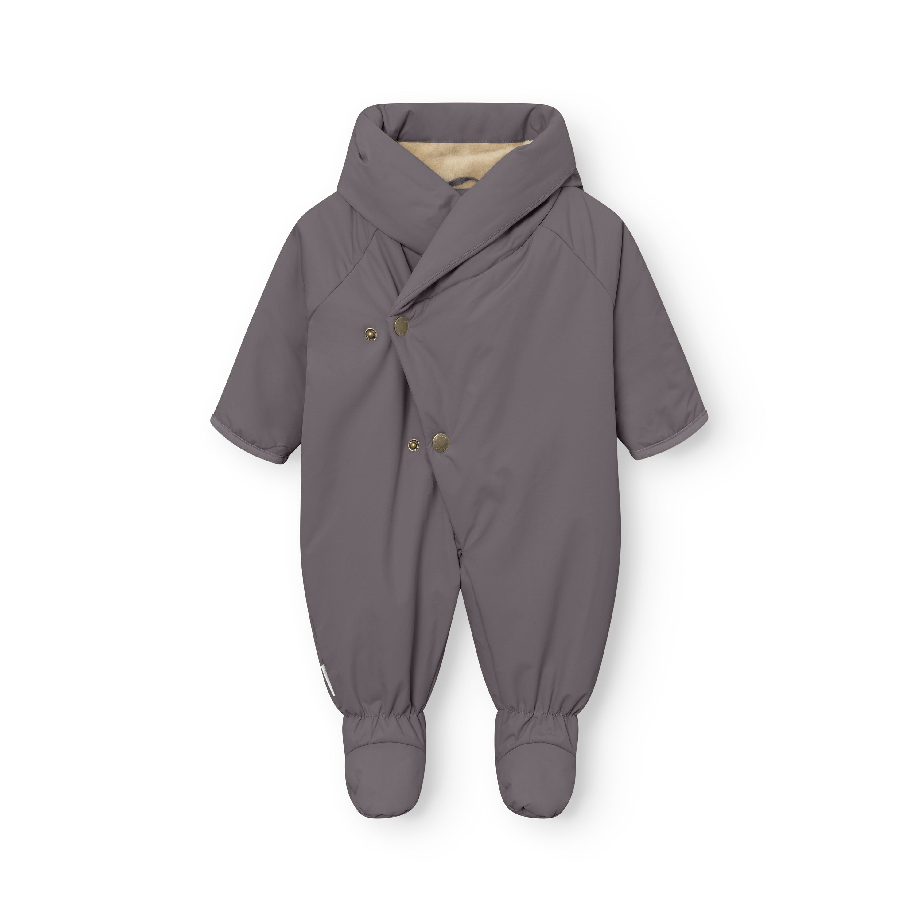 MATFIANNA fleece lined winter pramsuit in charcoal grey, laid flat to show the shawl-collar hood, diagonal snap-button closure running from left shoulder to right hip, THERMOLITE padded sleeves and legs, and built-in socks with elasticated ankle cuffs.