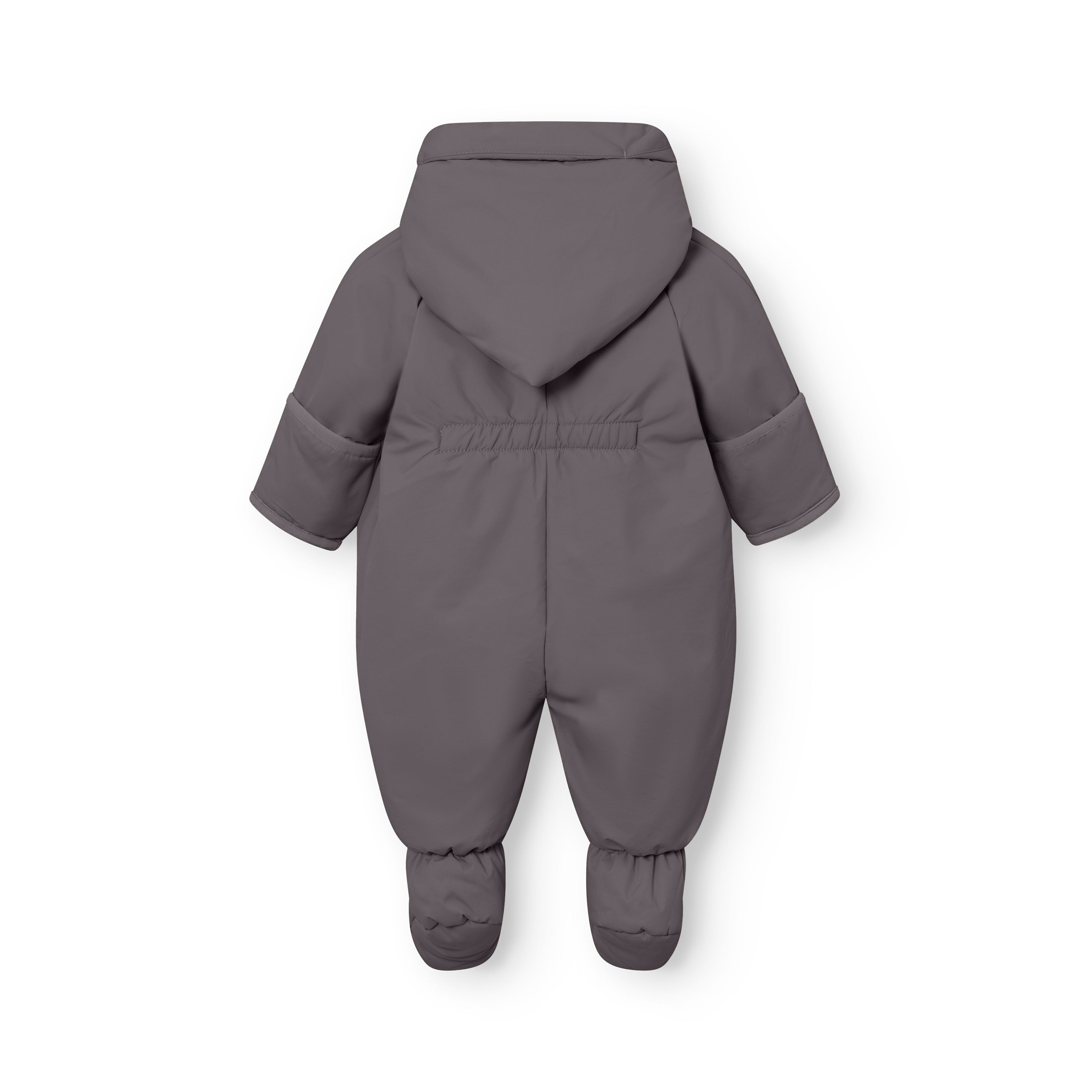 MATFIANNA fleece lined winter pramsuit in charcoal grey, photographed from the back to show the shawl-collar hood, elasticated waist seam, THERMOLITE padded sleeves and legs, and built-in socks with gathered ankle cuffs.