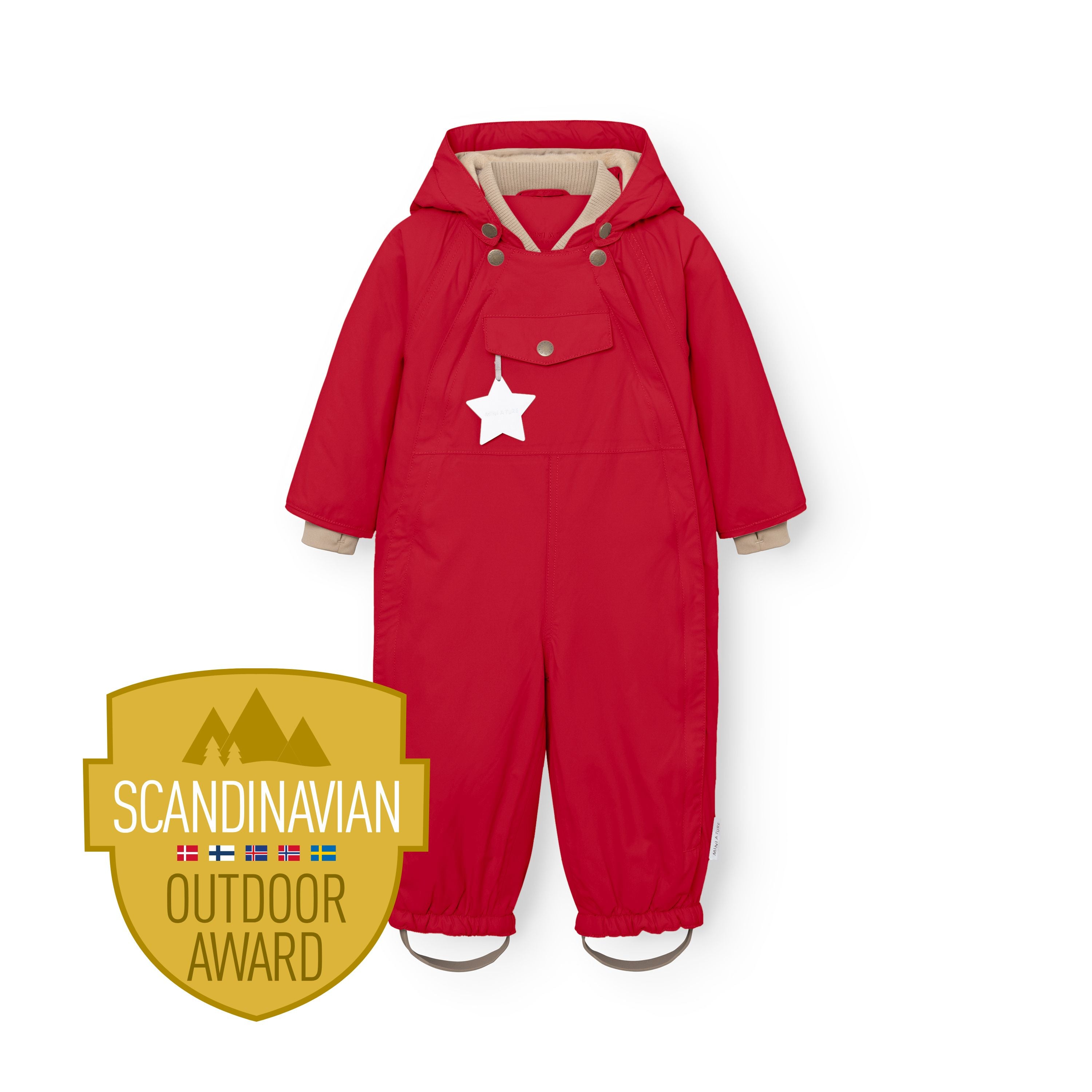 MATWISTI fleece lined snowsuit in bright red displayed flat against a white background, showing the detachable hood with snap buttons, front chest pocket with white reflective star, beige ribbed cuffs at the wrists, elasticated leg openings with adjustable foot straps, and the Scandinavian Outdoor Award badge at the lower left.