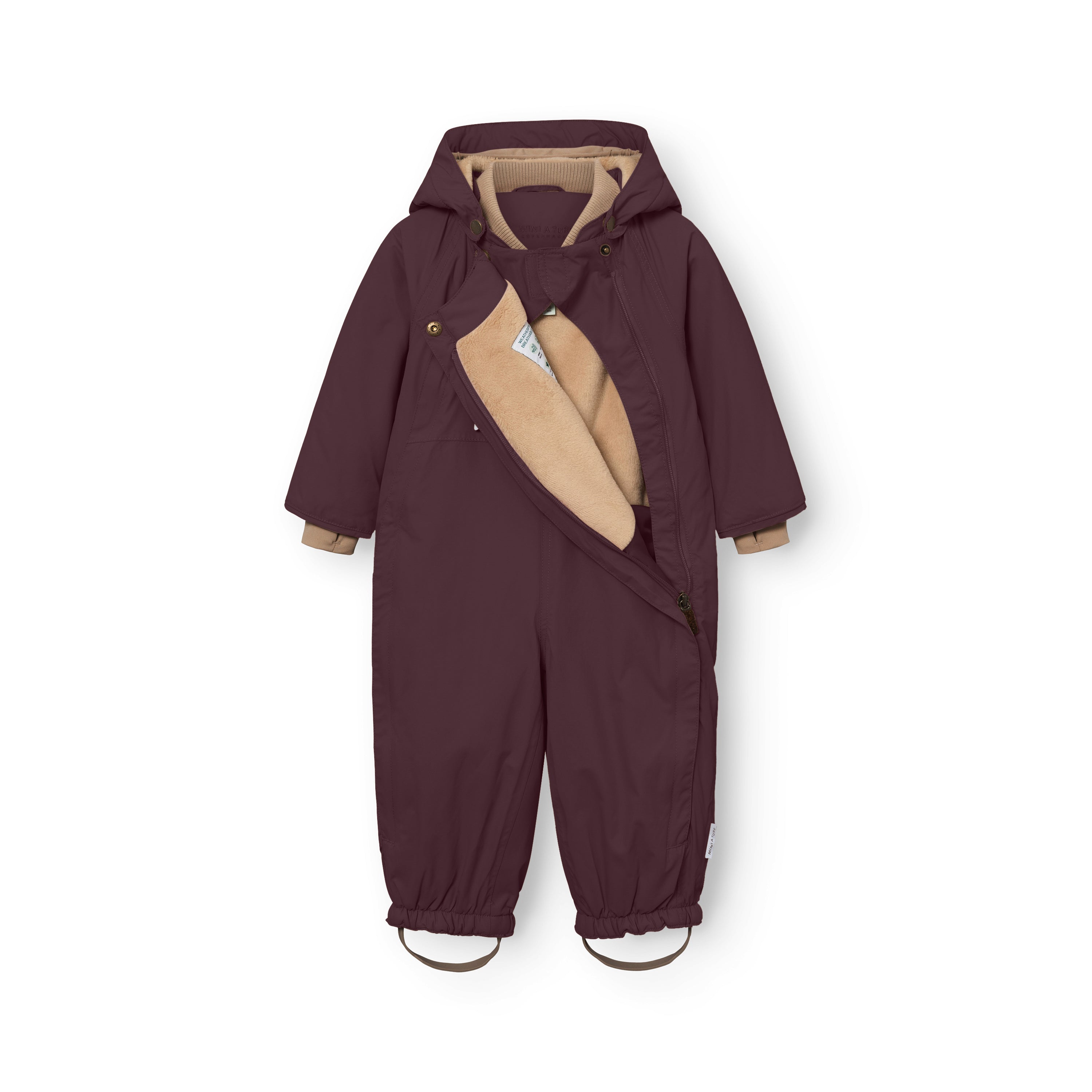 MATWISTI fleece lined snowsuit displayed flat in deep plum with one of the two slanted front zips partially open to reveal the soft fleece lining, ribbed collar and MINI A TURE care label inside, with adjustable foot straps visible at the hem.