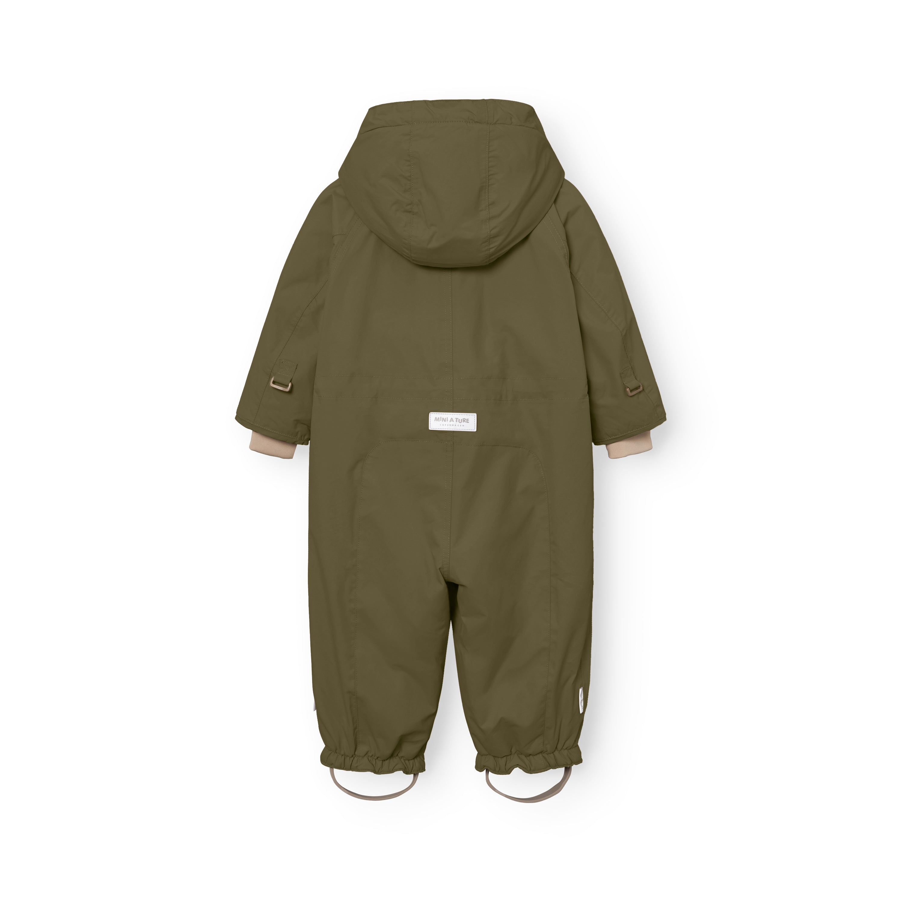 MATWISTI fleece lined snowsuit in olive green laid flat showing the rear view with detachable hood, white MINI A TURE label at the lower back, beige ribbed cuffs and elasticated leg openings with adjustable foot straps featuring metal D-rings.