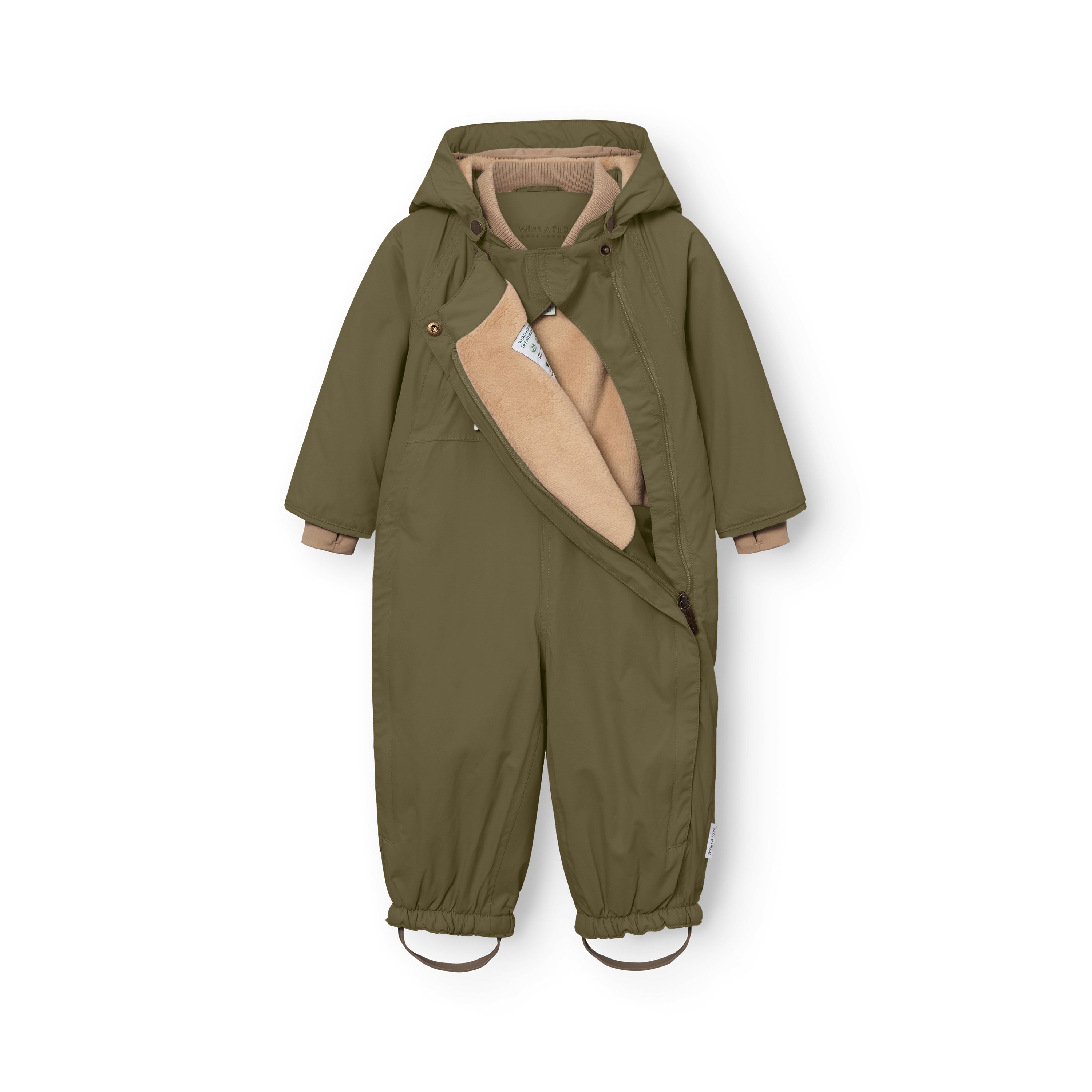 MATWISTI fleece lined snowsuit in olive green with the left slanted front zip partially open to reveal the beige fleece lining and internal care label, showing the detachable hood with snap buttons, beige ribbed cuffs and elasticated leg openings with adjustable foot straps.