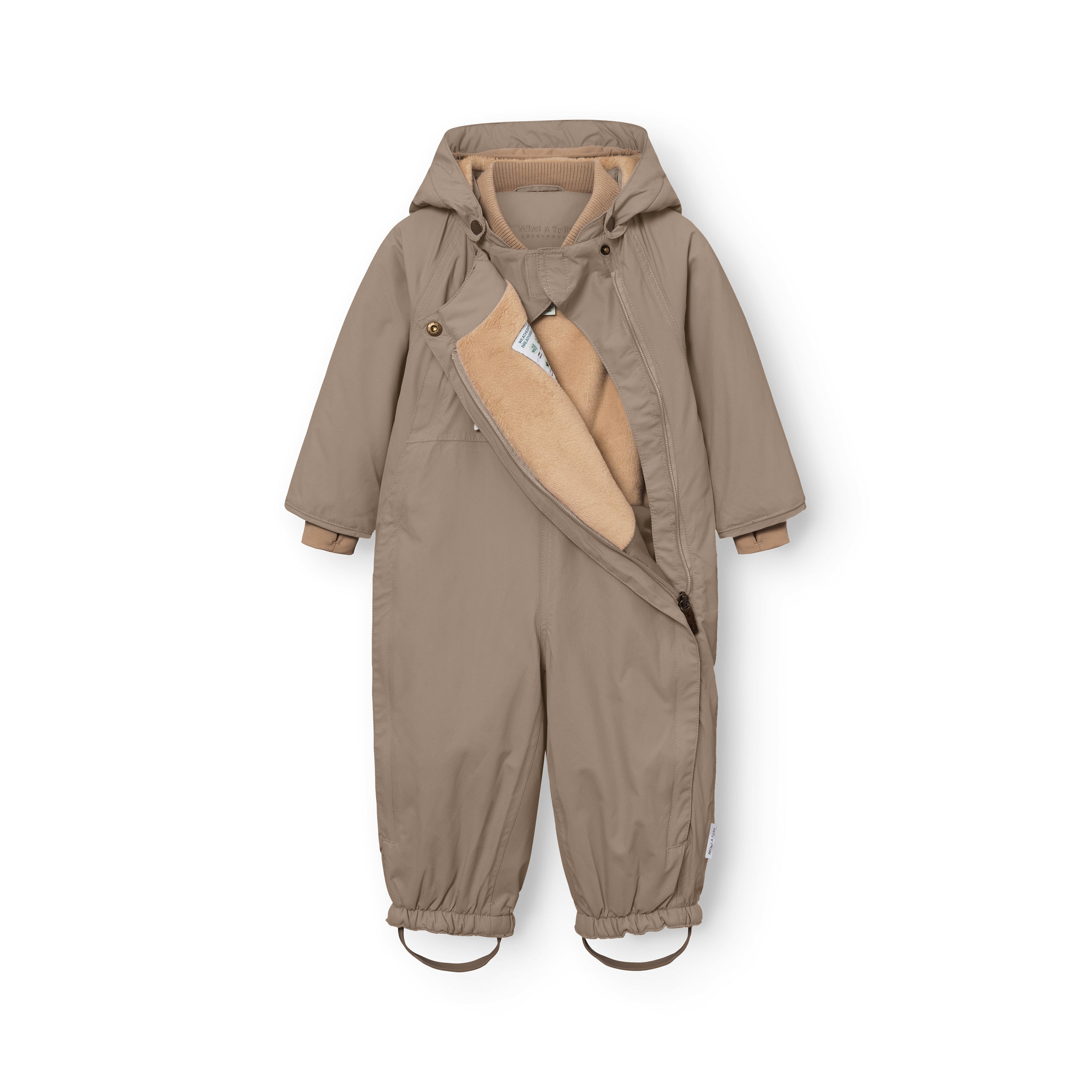 MATWISTI fleece lined snowsuit in warm beige with the left slanted front zip partially open to reveal the beige fleece lining and internal care label, showing the detachable hood with snap buttons, beige ribbed cuffs and elasticated leg openings with adjustable foot straps.