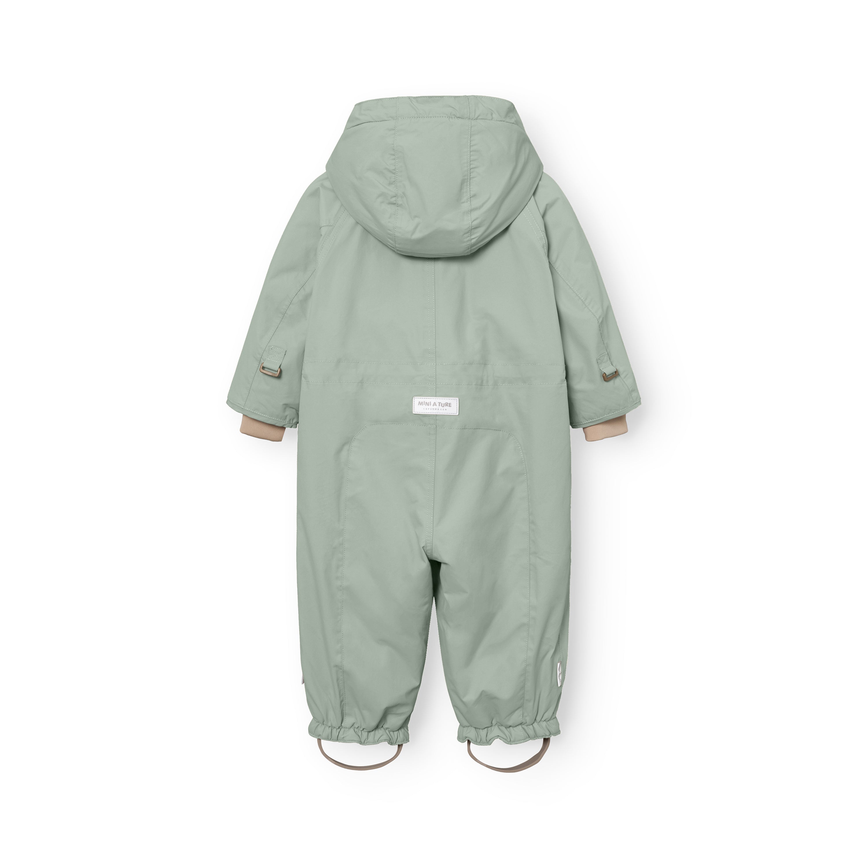 Back view of the MATWISTI fleece lined snowsuit in sage green, showing the detachable hood, reflective logo detail, adjustable foot straps and MINI A TURE label at the lower back.