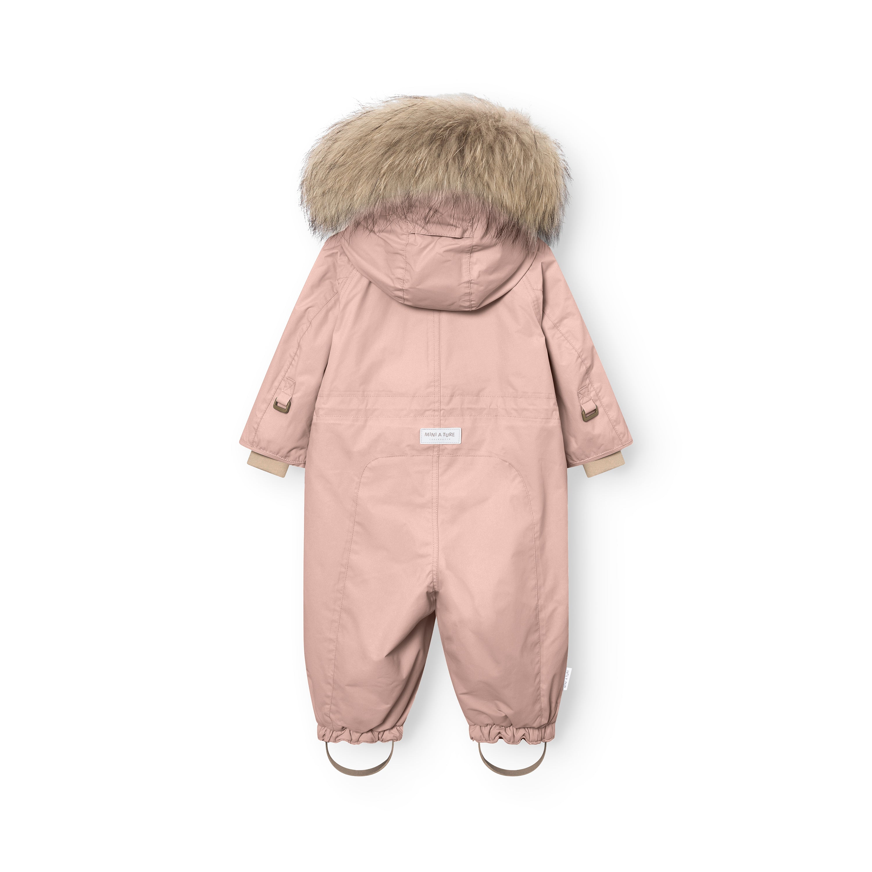 Rear view of MATWISTI fleece lined snowsuit fur in soft pink with genuine fur-trimmed hood, MINI A TURE label at the lower back, elasticated ankle cuffs with adjustable foot straps, and reflective details on the sleeves.