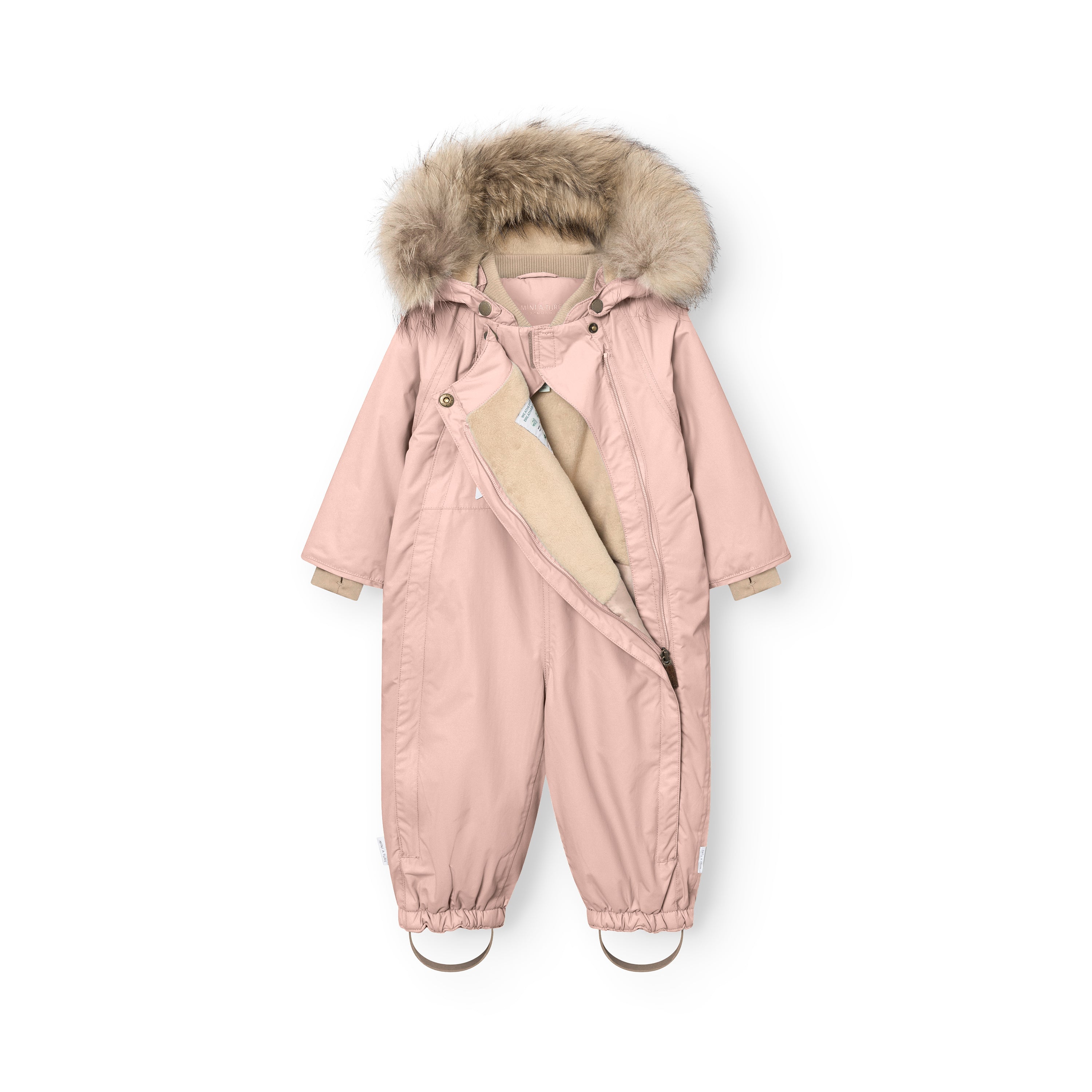 MATWISTI fleece lined snowsuit fur in soft pink with one of the two hidden slanted front zips partially open, revealing the beige fleece lining and internal adjustable waist, genuine fur-trimmed detachable hood, taupe ribbed collar and cuffs, and elasticated ankle openings with adjustable foot straps.