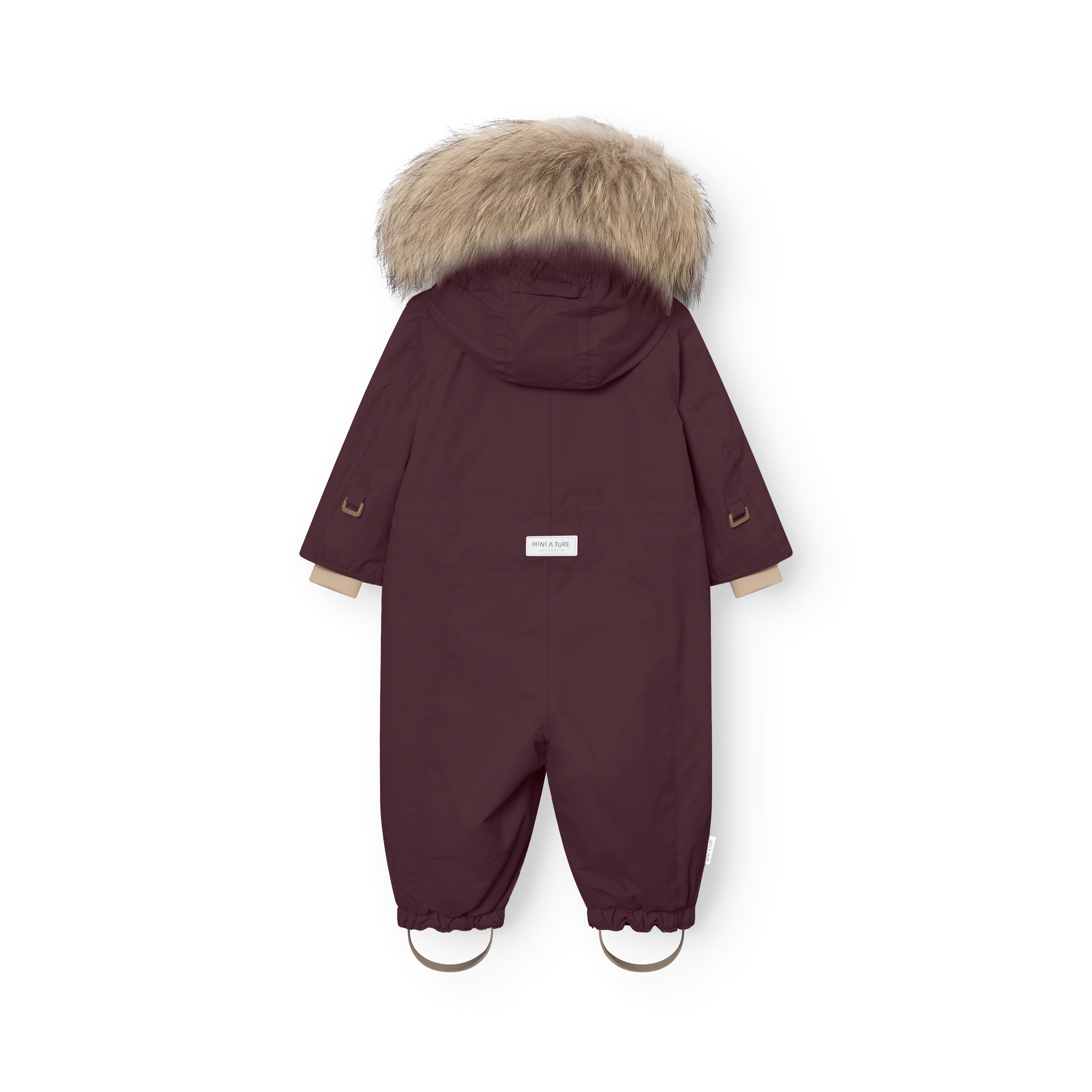 Rear view of MATWISTI fleece lined snowsuit fur in deep burgundy with genuine fur-trimmed hood, MINI A TURE label at the lower back, elasticated ankle cuffs with adjustable foot straps, and reflective details on the sleeves.