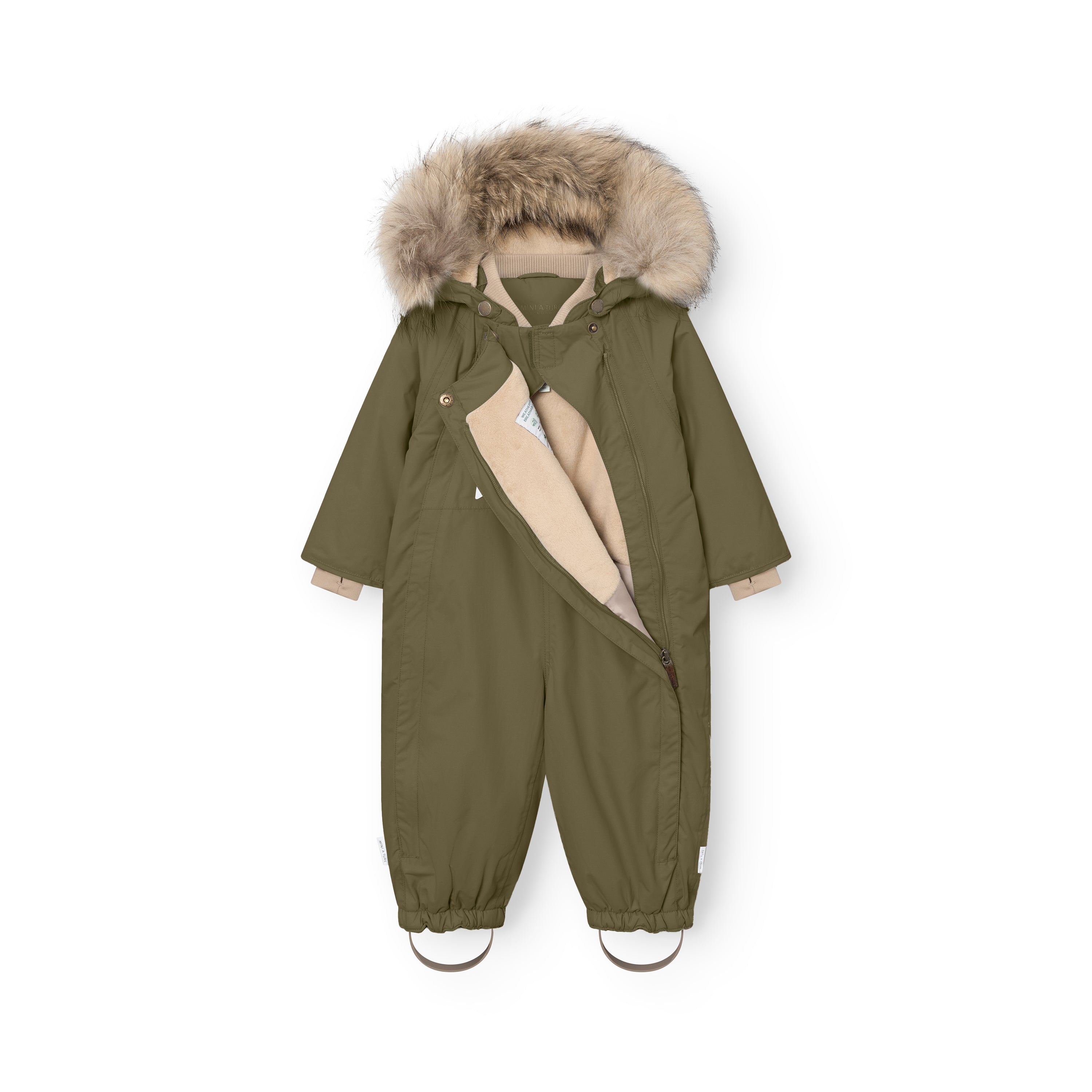 MATWISTI fleece lined snowsuit fur in olive green with one of the two hidden slanted front zips fully open, revealing the taupe fleece lining, ribbed collar, genuine fur-trimmed hood, and elasticated ankle cuffs with adjustable foot straps.
