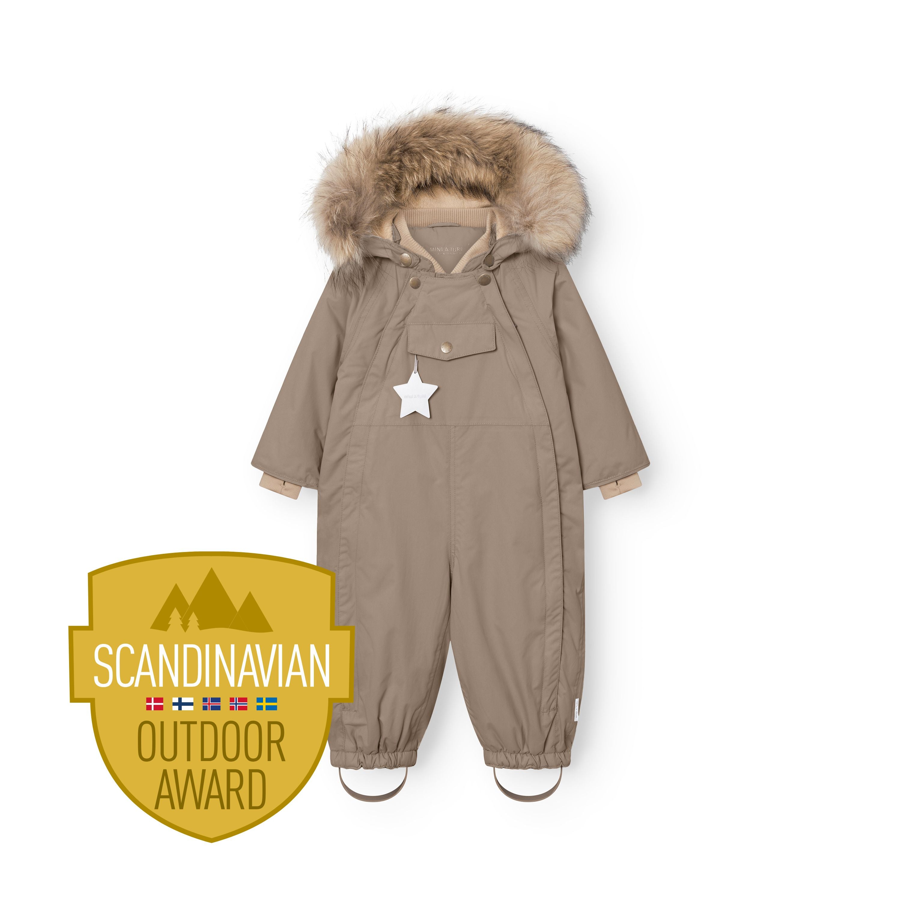 MATWISTI fleece lined snowsuit fur in taupe with detachable genuine fur-trimmed hood, white reflective star on the chest pocket, and elasticated cuffs and ankles with foot straps.