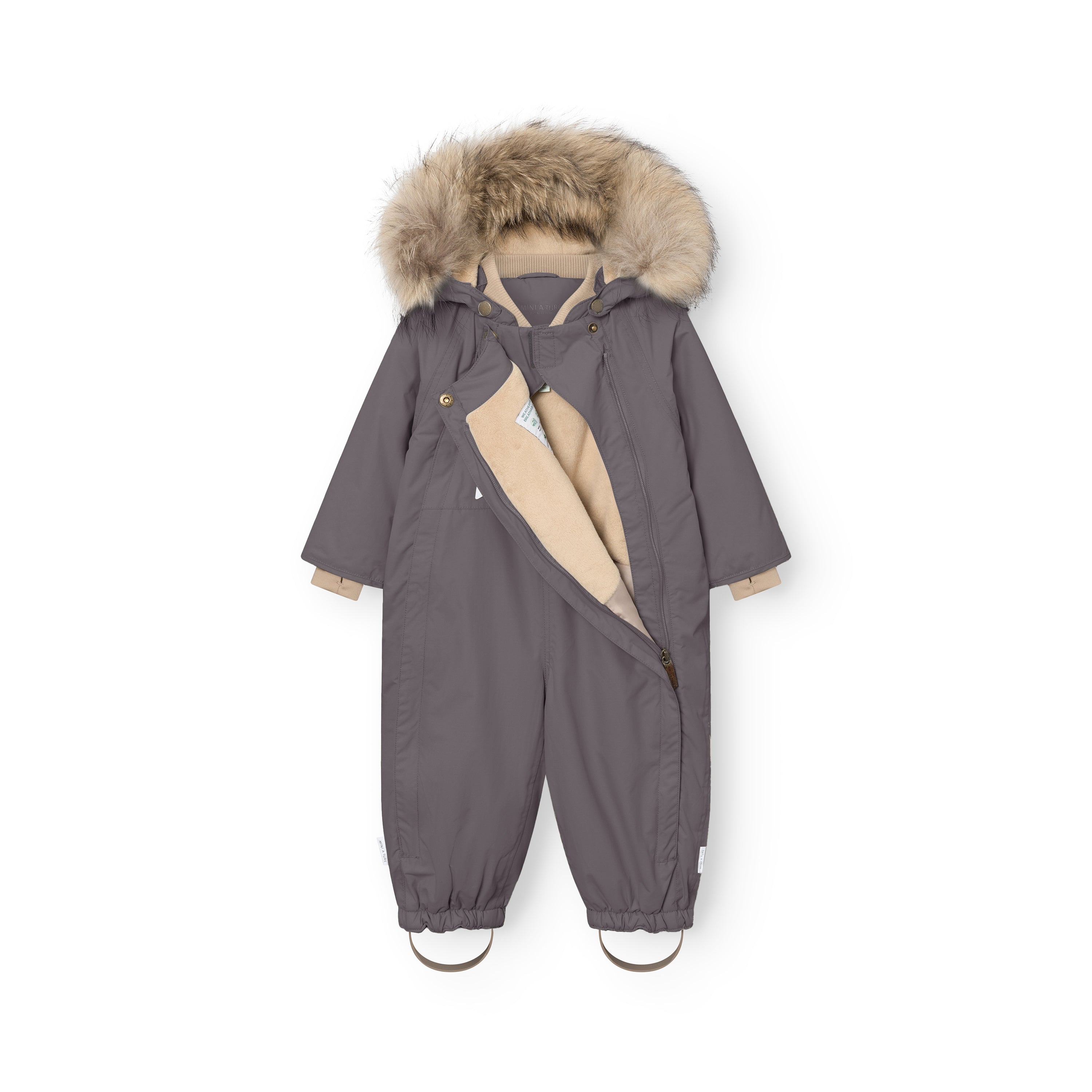 MATWISTI fleece lined snowsuit fur in grey with one of the two hidden slanted front zips fully open, revealing the beige fleece lining throughout the interior, genuine fur-trimmed detachable hood, beige ribbed cuffs and collar, and elasticated ankle openings with adjustable foot straps.