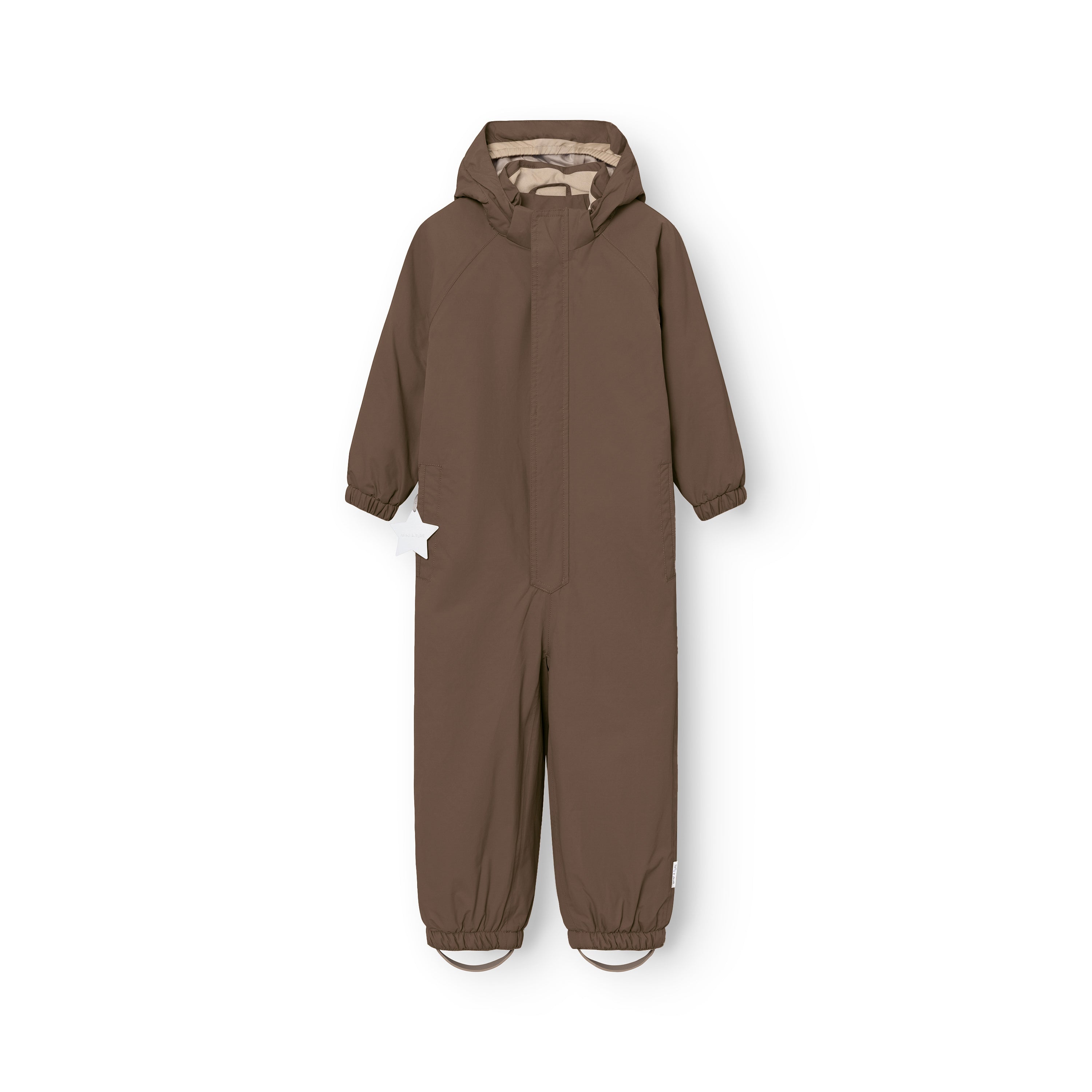 MATWILBO snowsuit in warm brown with a single front zip, detachable hood, elasticated cuffs and ankles with removable foot straps, and a white reflective star detail on the left hip.