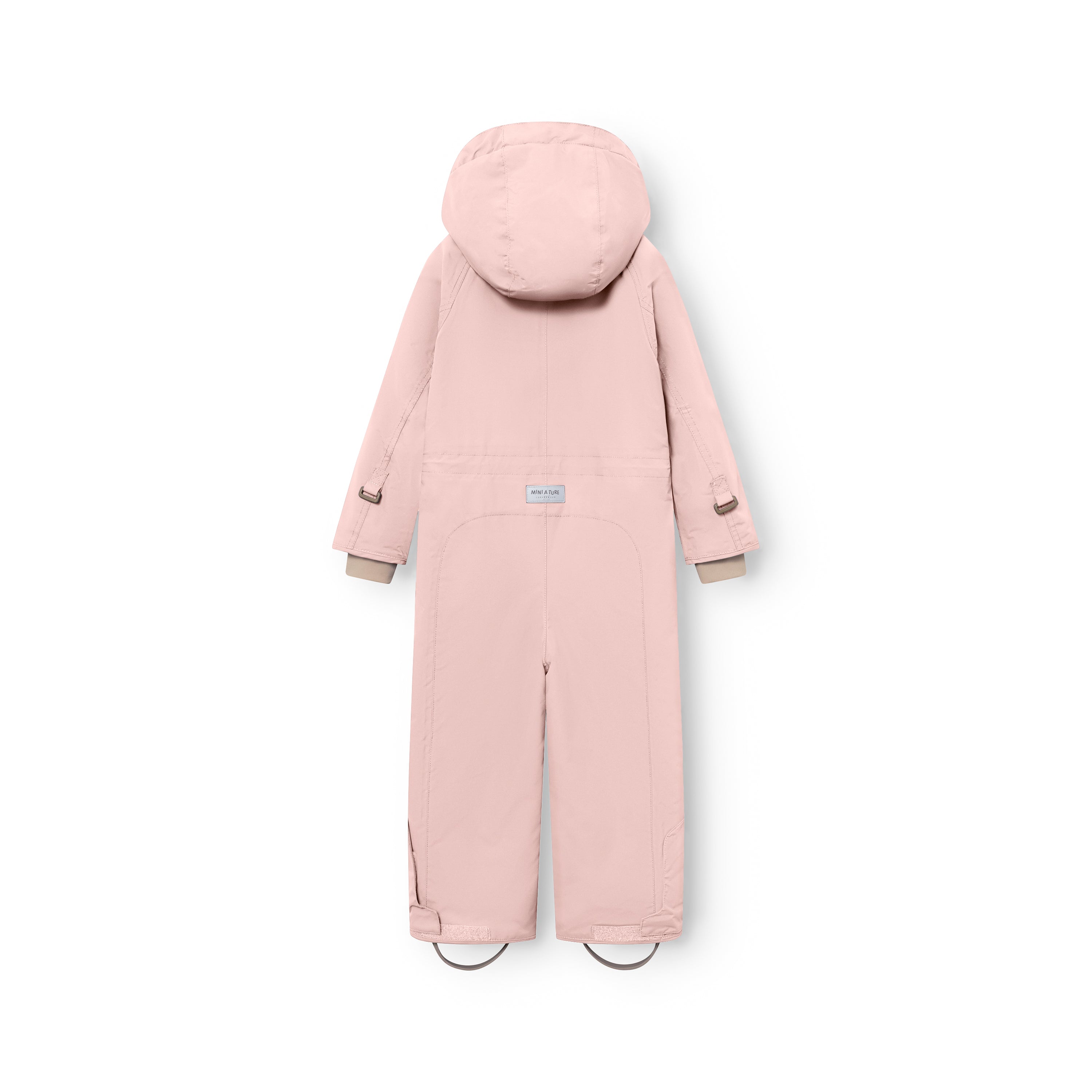 MATWANNI fleece lined snowsuit in soft pink photographed from the back, showing the detachable hood, internal suspenders with adjustable buckles at the shoulders, reinforced back panel with MINI A TURE logo label and removable foot straps at the ankles.