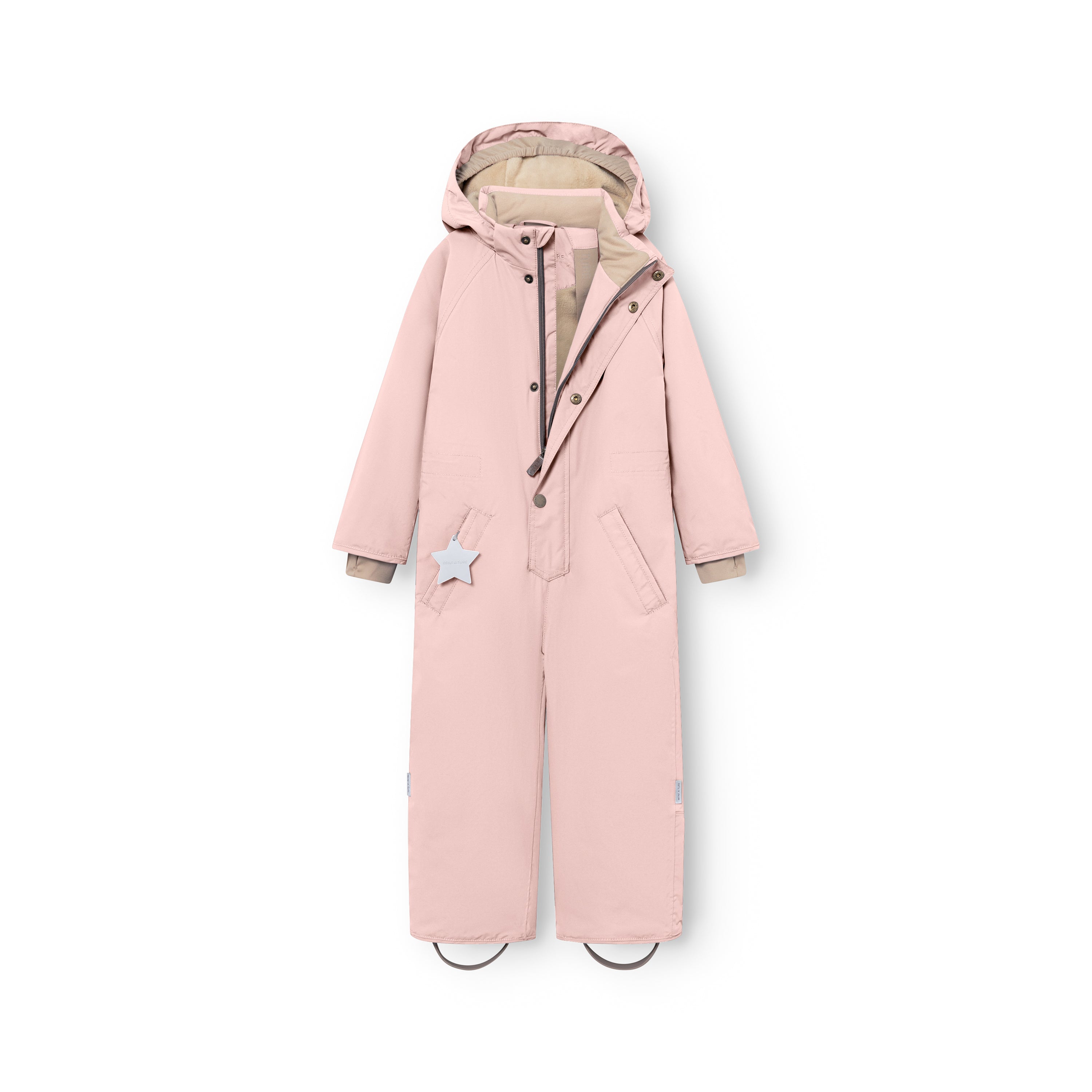MATWANNI fleece lined snowsuit in soft pink shown from the front with both slanted zips fully open, exposing the beige fleece lining inside the torso, sleeves and hood, the internal suspender system, adjustable internal waist and reflective white star detail hanging from the left pocket.