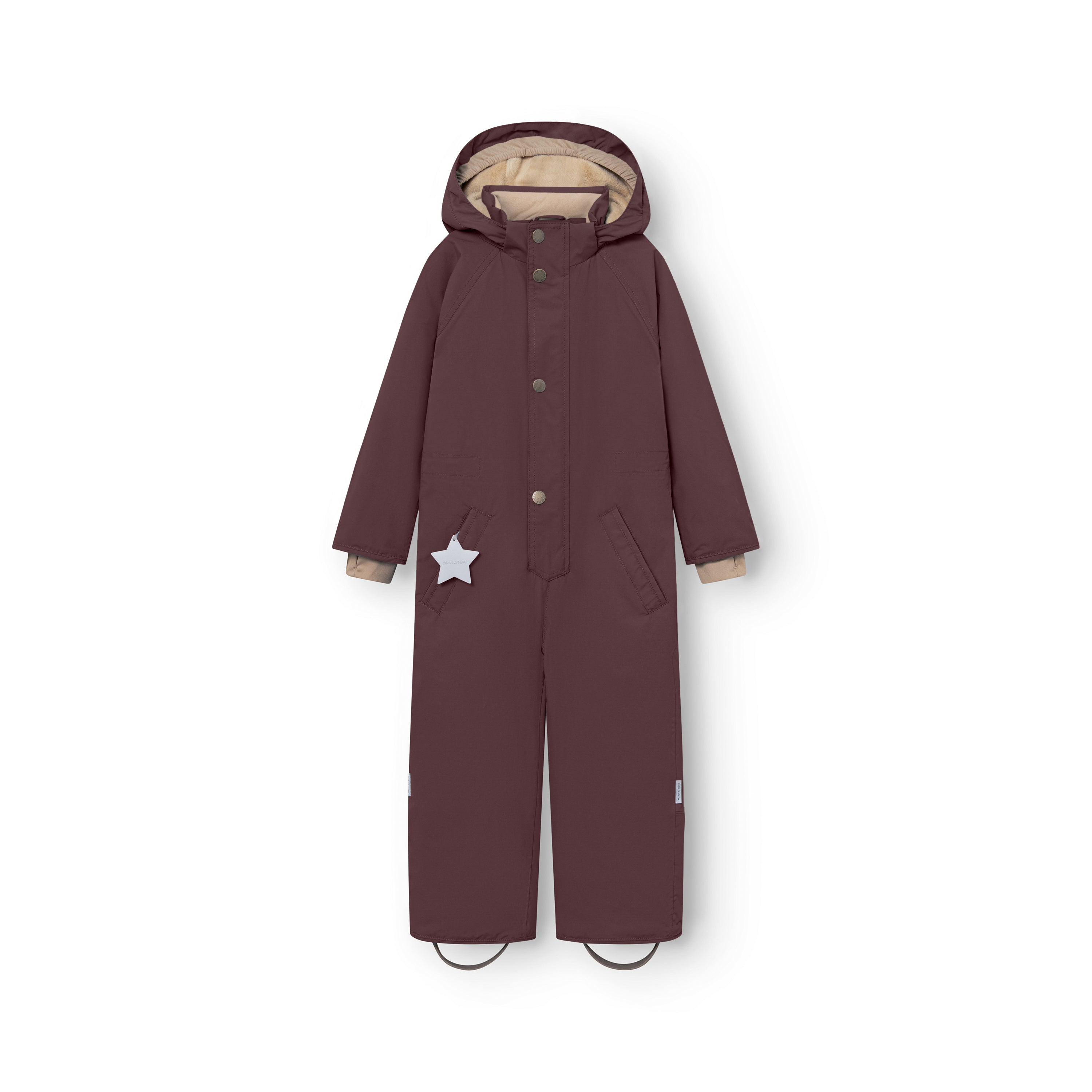 MATWANNI fleece lined snowsuit in deep burgundy laid flat on a white background, showing the detachable hood with fleece lining visible inside, front press-stud closure, reflective star detail on the right pocket and removable foot straps at the hem.