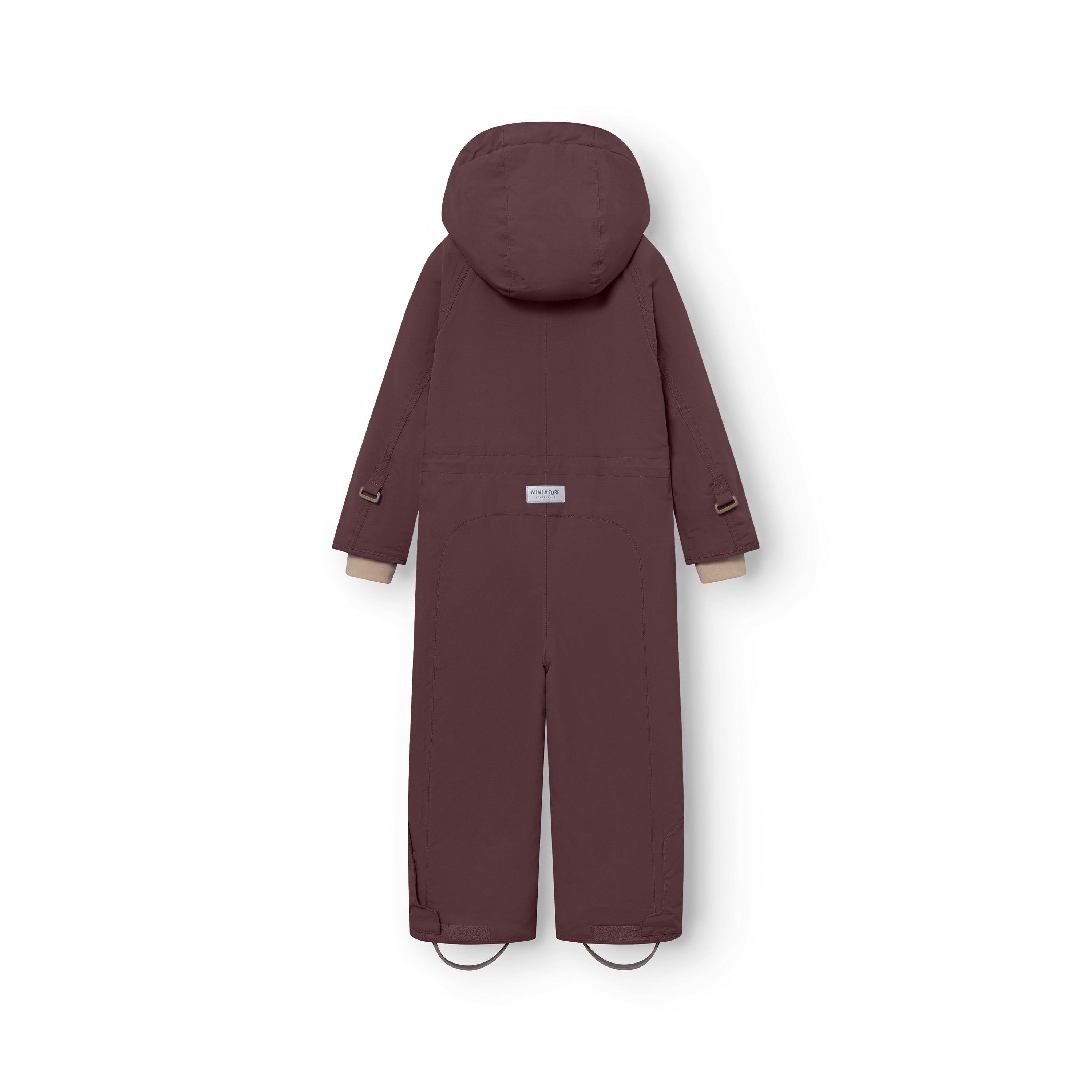 MATWANNI fleece lined snowsuit in deep burgundy photographed from the back, showing the detachable hood, internal suspenders with adjustable buckles at the shoulders, reinforced back panel, MINI A TURE logo label and removable foot straps at the ankles.