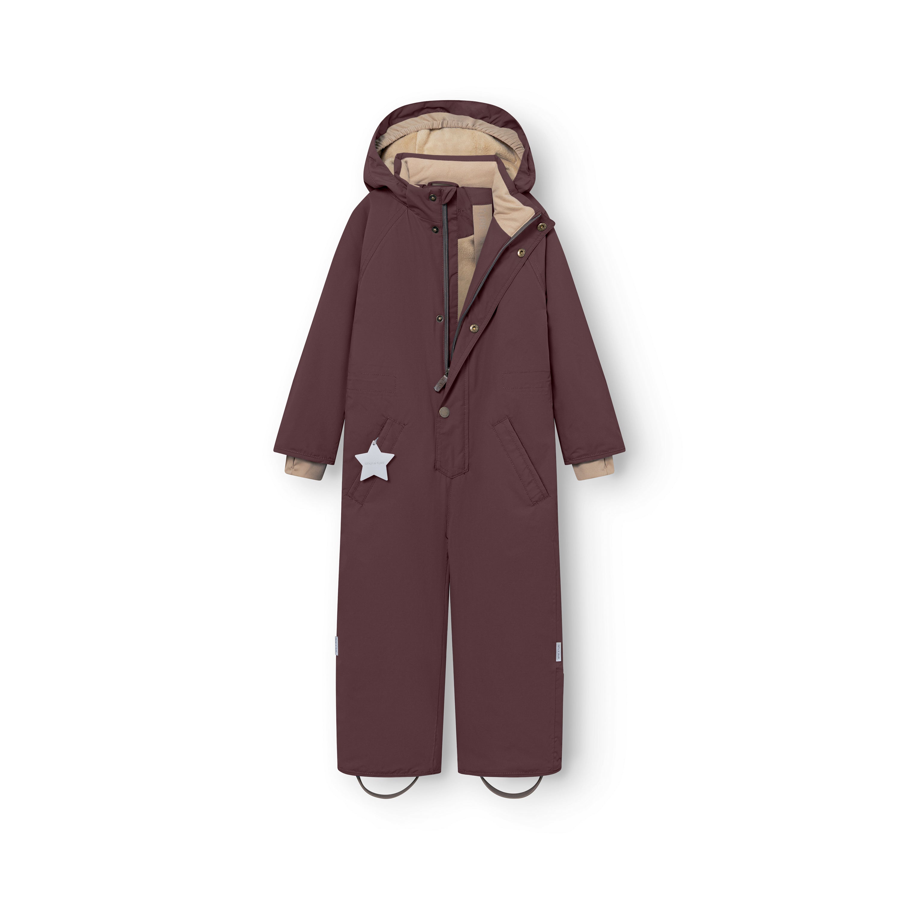 MATWANNI fleece lined snowsuit in deep burgundy displayed flat from the front with the hood and one slanted zip partially open, exposing the beige fleece lining, adjustable internal waist and press-stud closure system alongside the reflective star pocket detail.