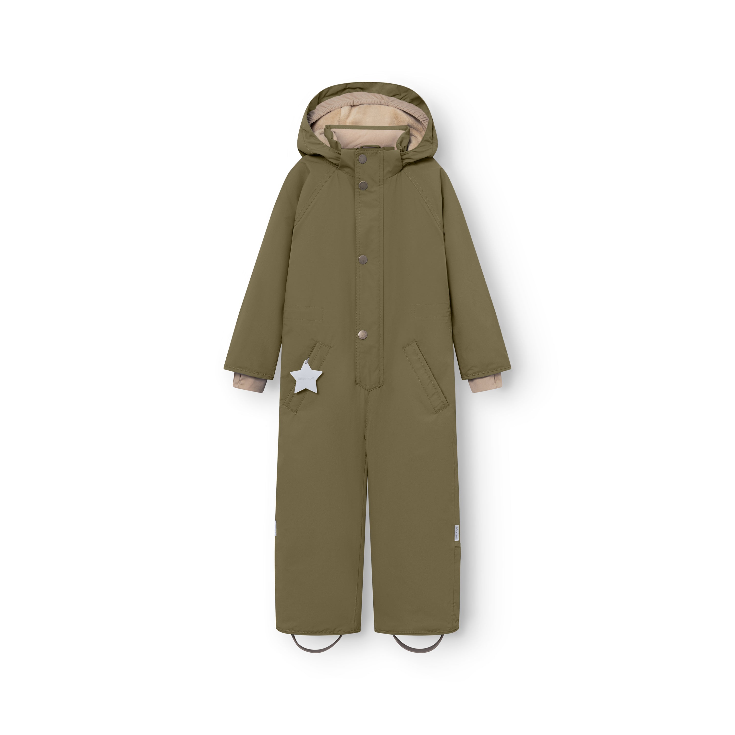 MATWANNI fleece lined snowsuit in olive green displayed flat from the front with the hood attached, press-stud closure running down the centre, reflective white star detail on the left pocket and removable foot straps at the hem.