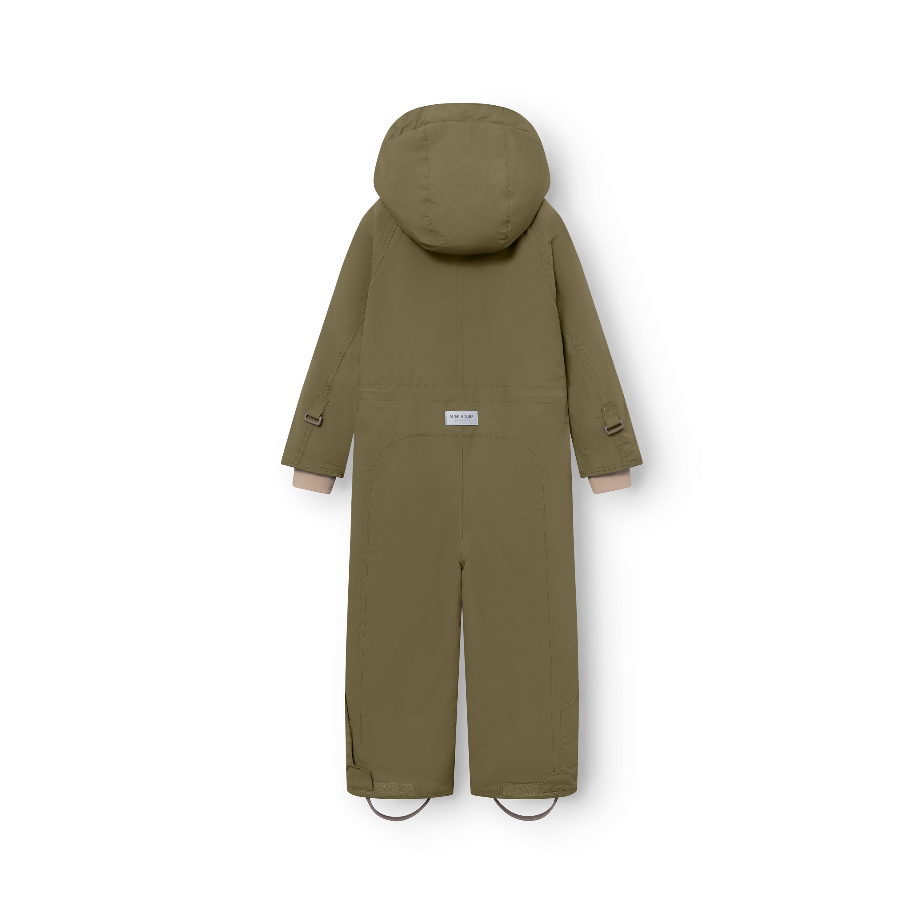 MATWANNI fleece lined snowsuit in olive green photographed from the back, showing the detachable hood, internal suspenders with adjustable buckles visible at the shoulders, reinforced back panel with MINI A TURE logo label and removable foot straps at the ankles.