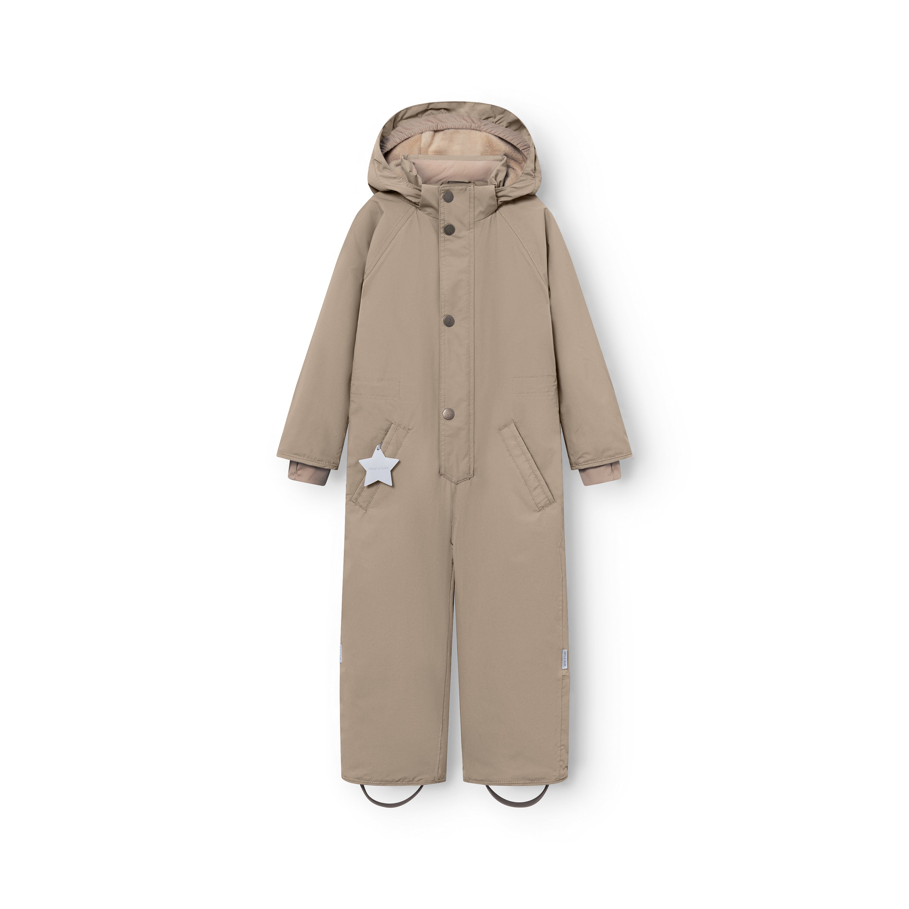 MATWANNI fleece lined snowsuit in beige laid flat, displaying the full-length one-piece design with detachable hood, front button closure, reflective star detail on the pocket and foot straps at the hem.