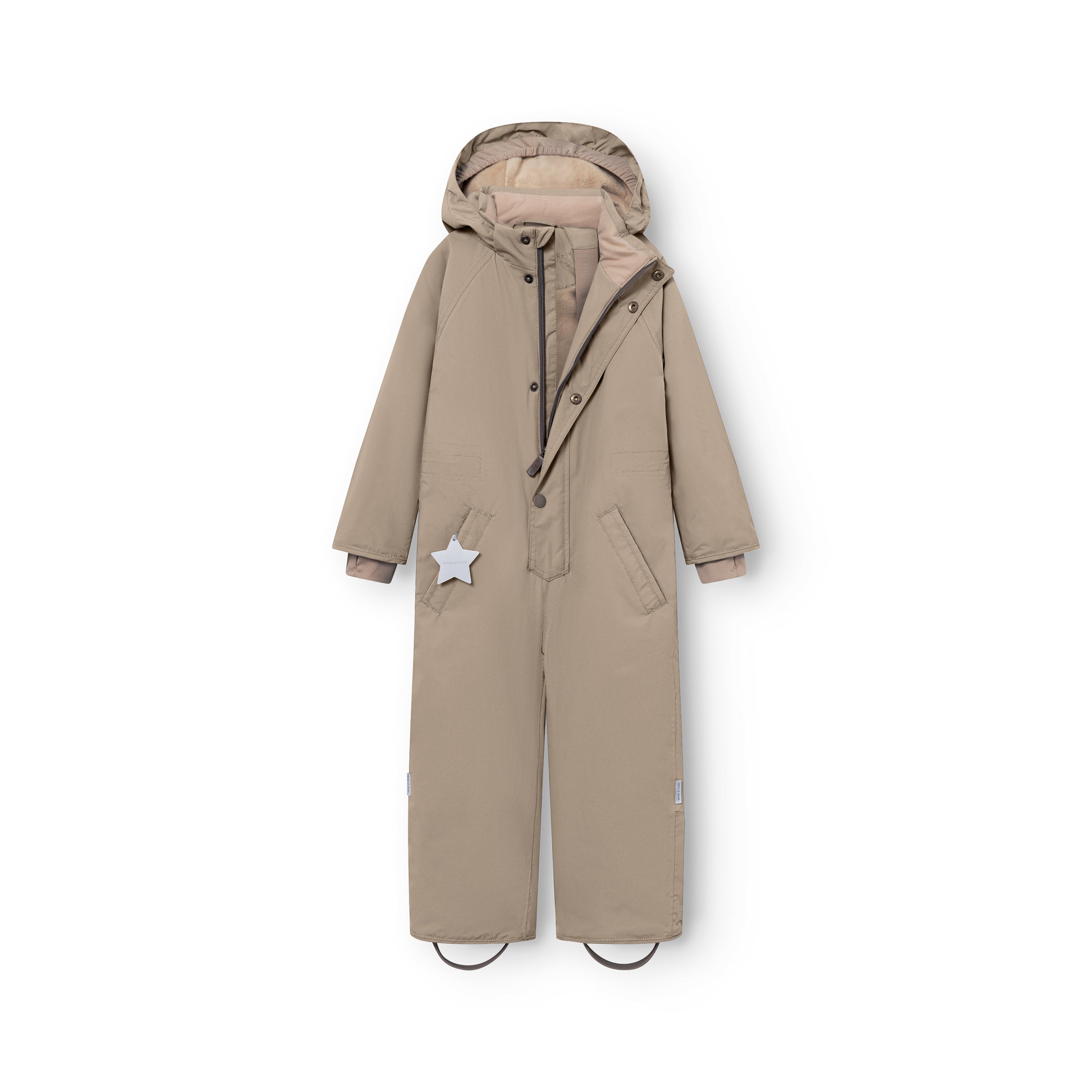 MATWANNI fleece lined snowsuit in beige displayed flat against a white background, highlighting the two slanted front zips, detachable hood, reflective star pocket detail and reinforced foot straps.