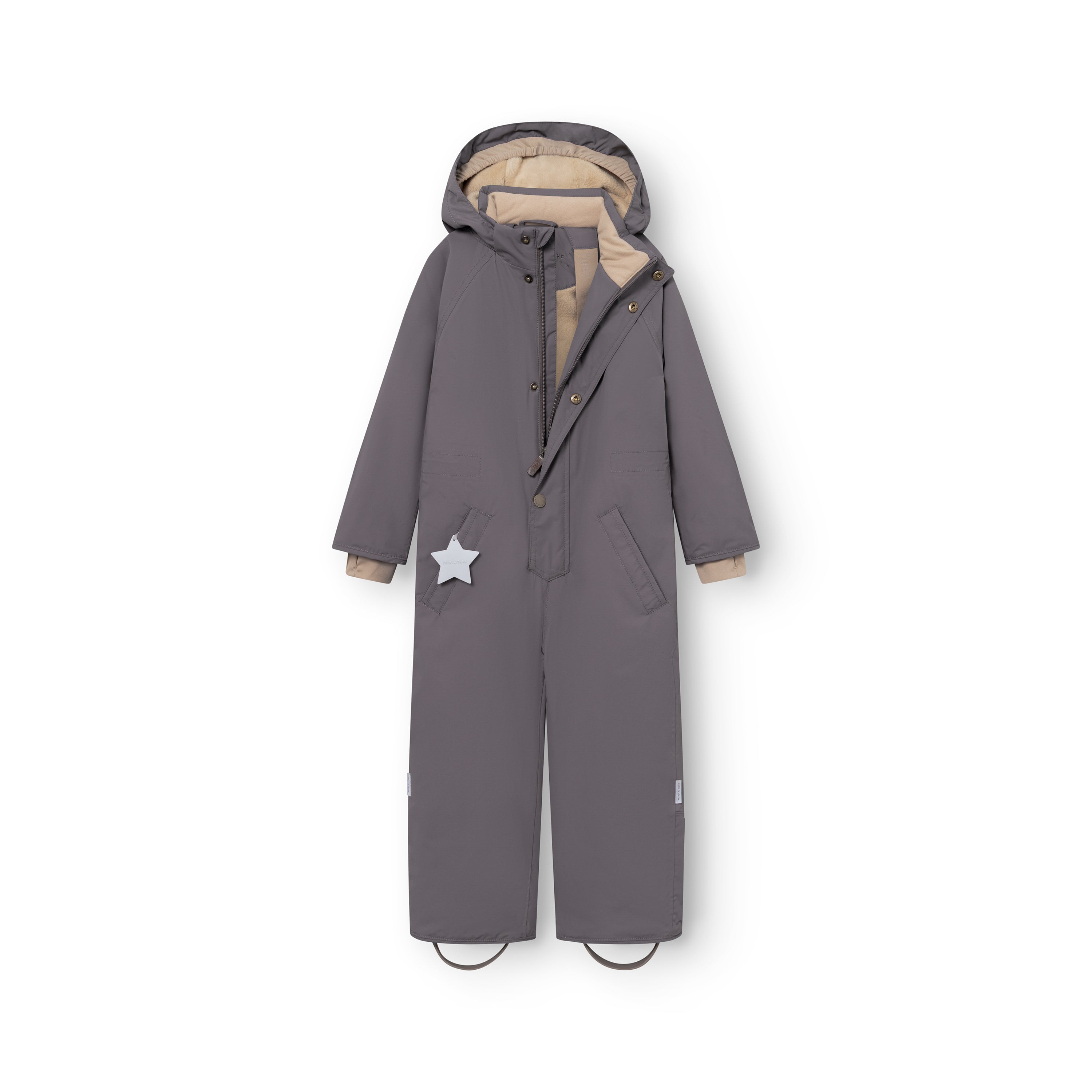 MATWANNI fleece lined snowsuit in grey displayed flat from the front with the left slanted zip partially open, revealing the beige fleece lining inside the torso and hood, the press-stud closure system, reflective white star detail on the left pocket and removable foot straps at the hem.