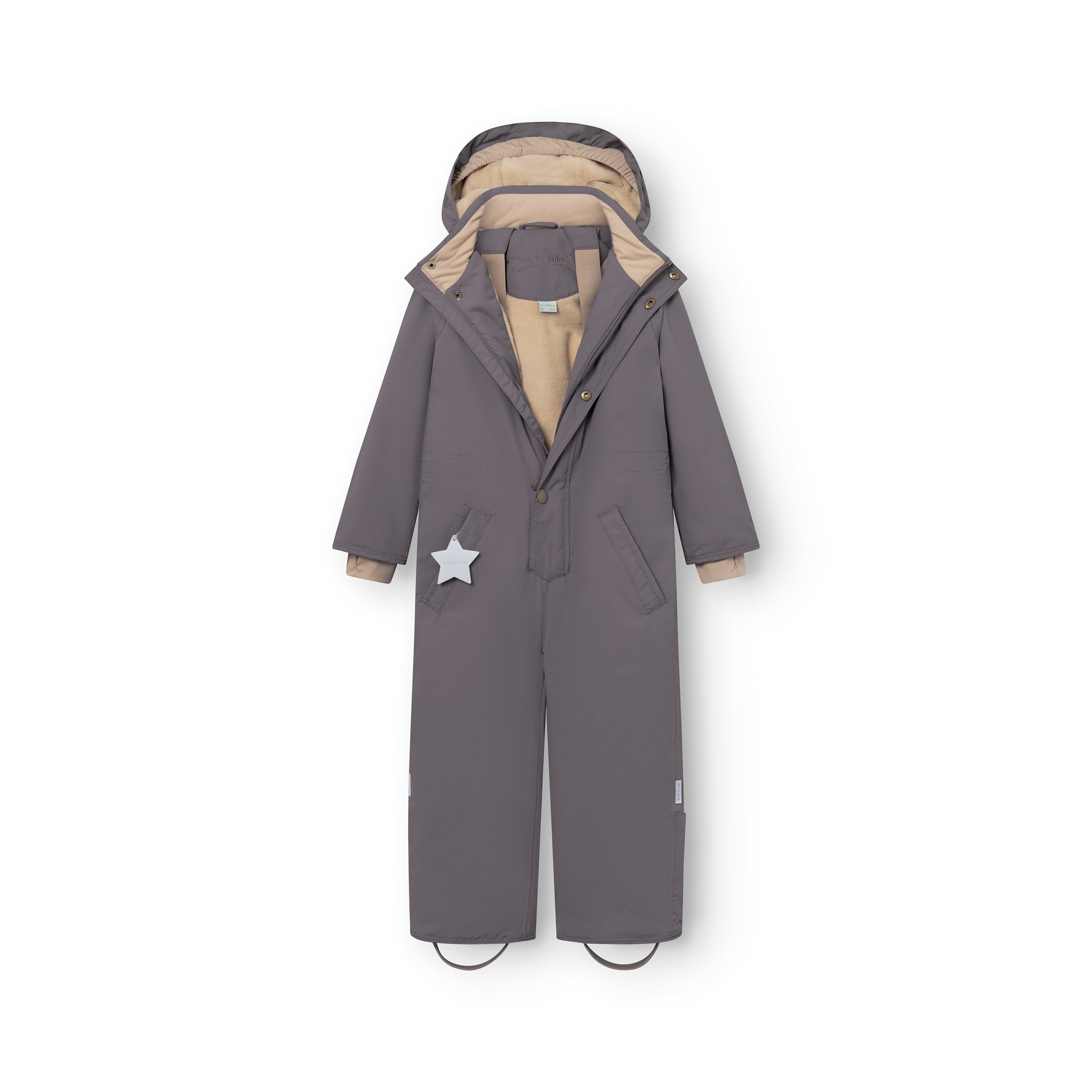 MATWANNI fleece lined snowsuit in grey shown from the front with the right slanted zip fully open, exposing the beige fleece lining through the torso, sleeves and hood, the internal suspender buckles at the shoulders, the adjustable internal waist and the reflective white star detail on the left pocket.