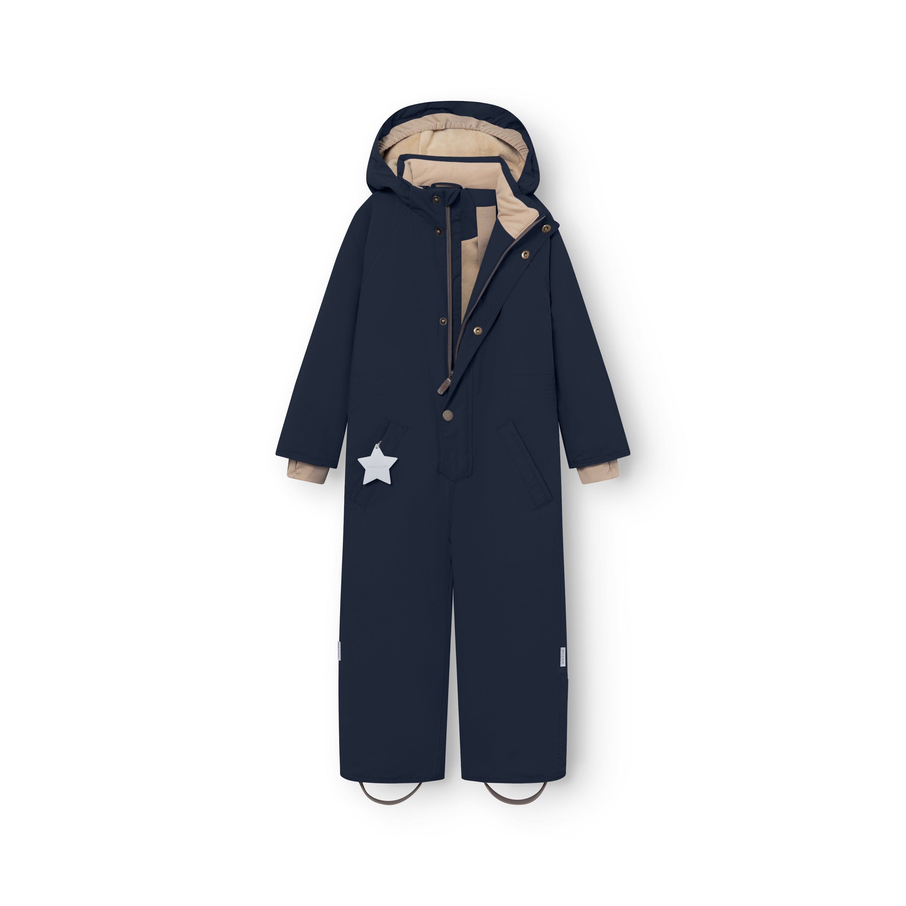 MATWANNI fleece lined snowsuit in navy blue shown from the front with the right slanted zip partially open, revealing the beige fleece lining inside the hood and upper torso, reflective white star detail on the left pocket and removable foot straps at the hem.