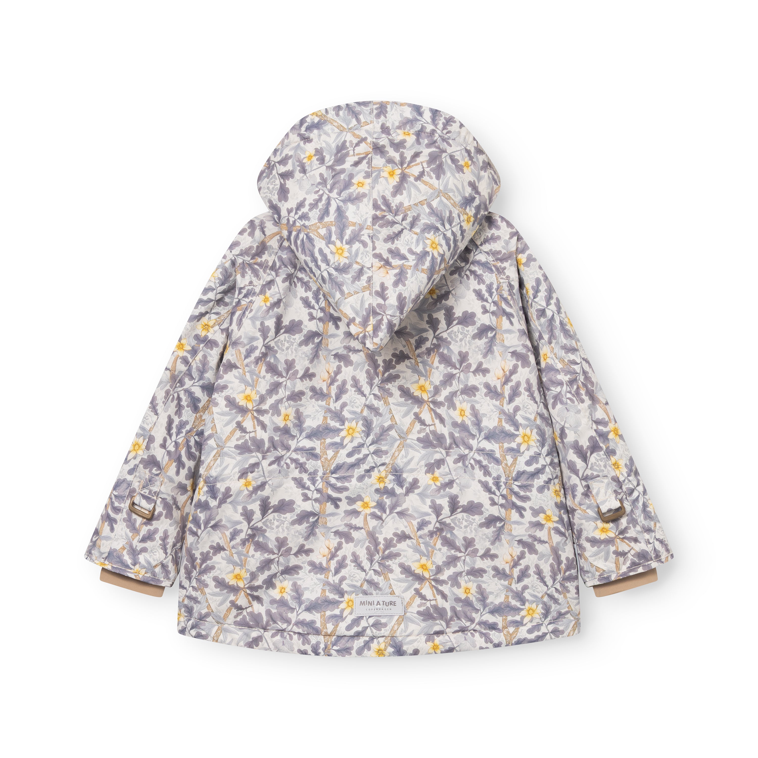 MATWANG fleece lined winter jacket viewed from the back, revealing the complete Scandinavian floral print, the adjustable internal waist detail, and the smaller reflective logo positioned for visibility in low light.