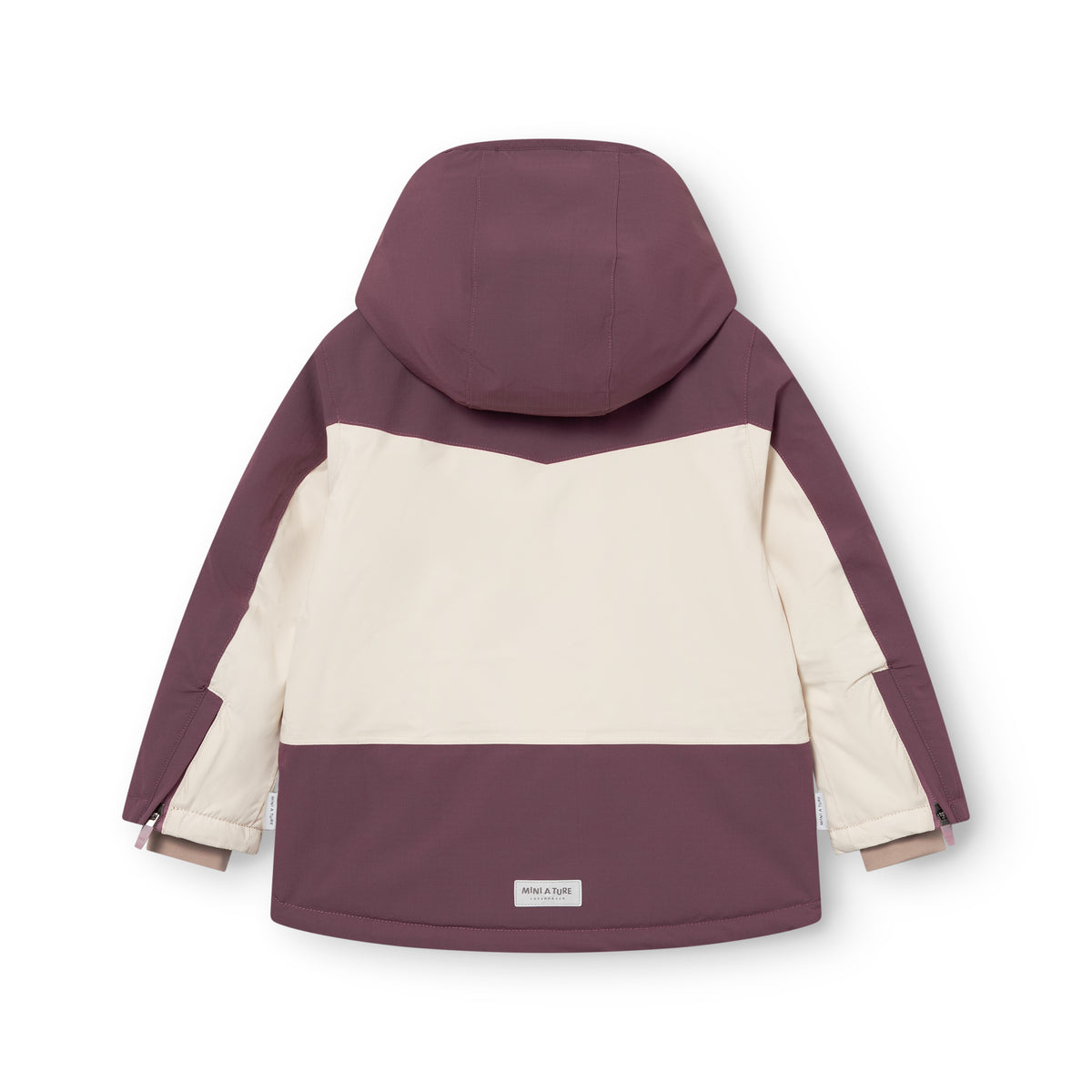 MATADANE ski tech jacket shown from the back in plum and cream colourblock design with a hood, ripstop recycled nylon shell and MINI A TURE label at the hem.