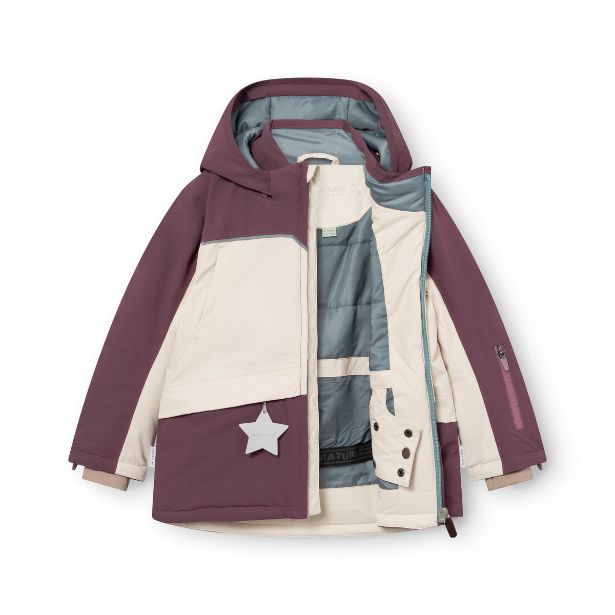 MATADANE ski tech jacket shown open to reveal internal powder skirt, suspenders and insulated lining in plum and cream colourblock design with a hood and reflective star detail.