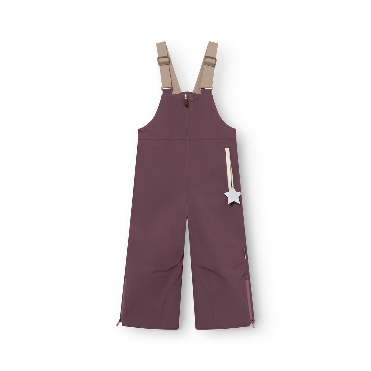 MATADAL Skihose in Aubergine mit beigen Trägern, flach ausgelegt, mit Reflexstern-Anhänger und seitlichen Reißverschlüssen am Beinende sichtbar.