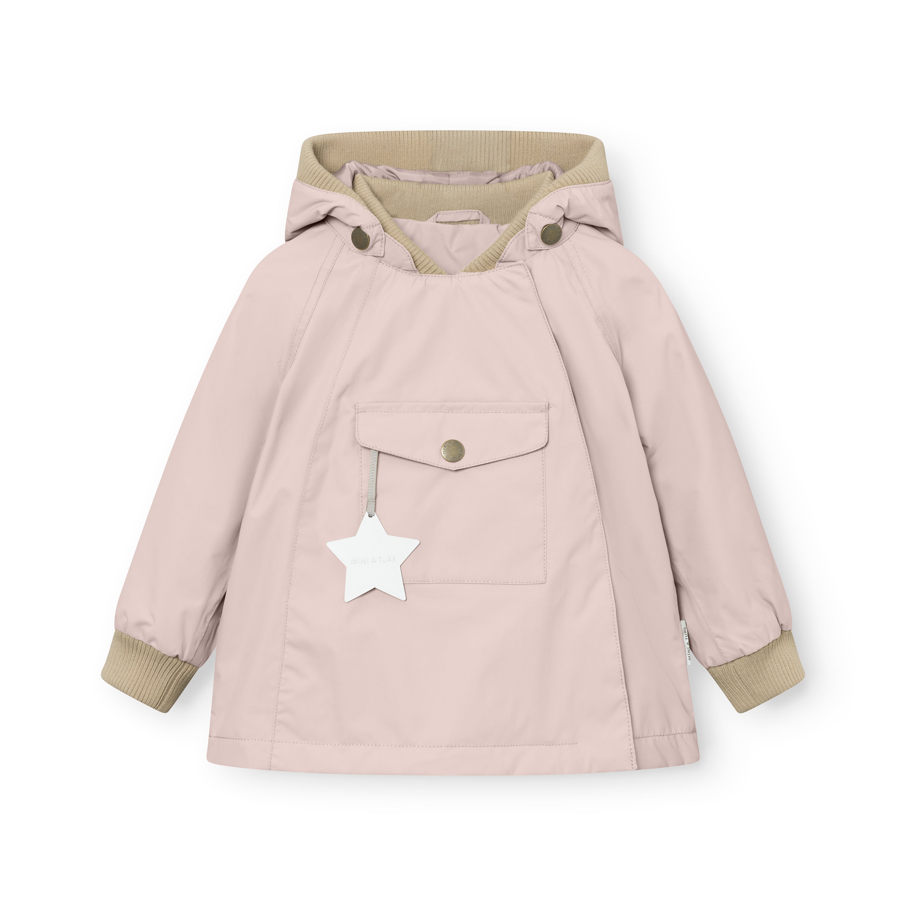 Pink children's coat with hood and star patch on a white background