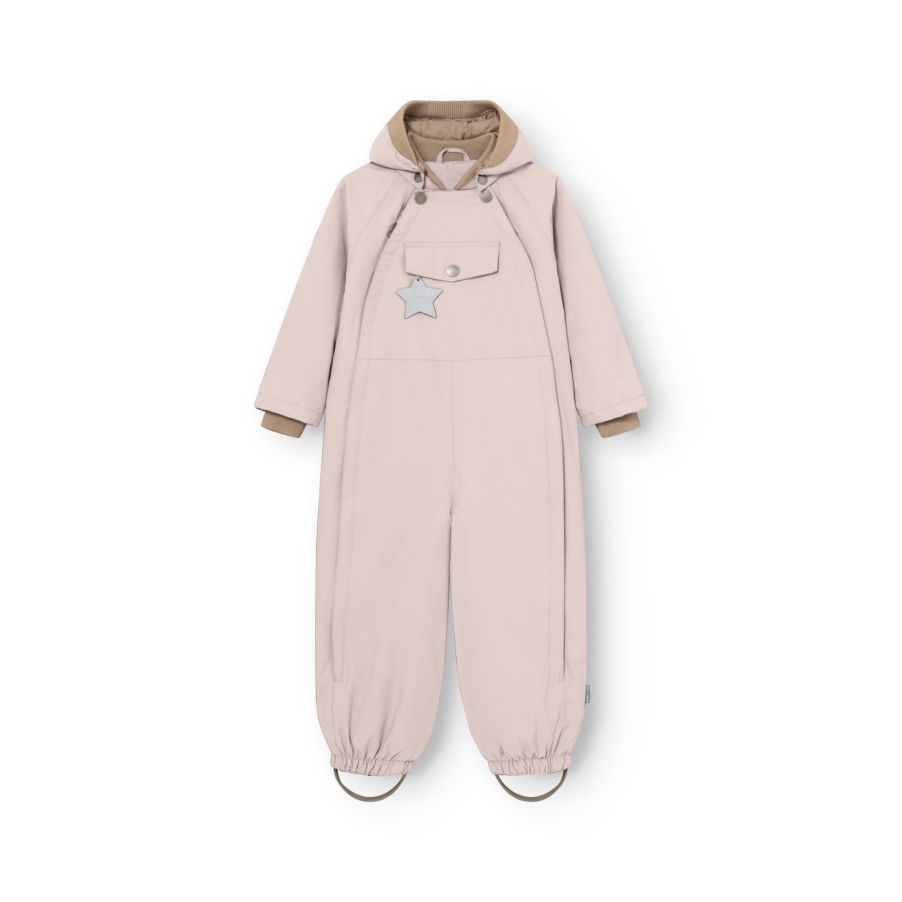 MATWISTO all season coverall in soft pink, photographed flat against a white background to highlight the chest pocket with reflective star detail, press-stud hood fastening, elasticated ankle cuffs and the suit's clean, streamlined silhouette.
