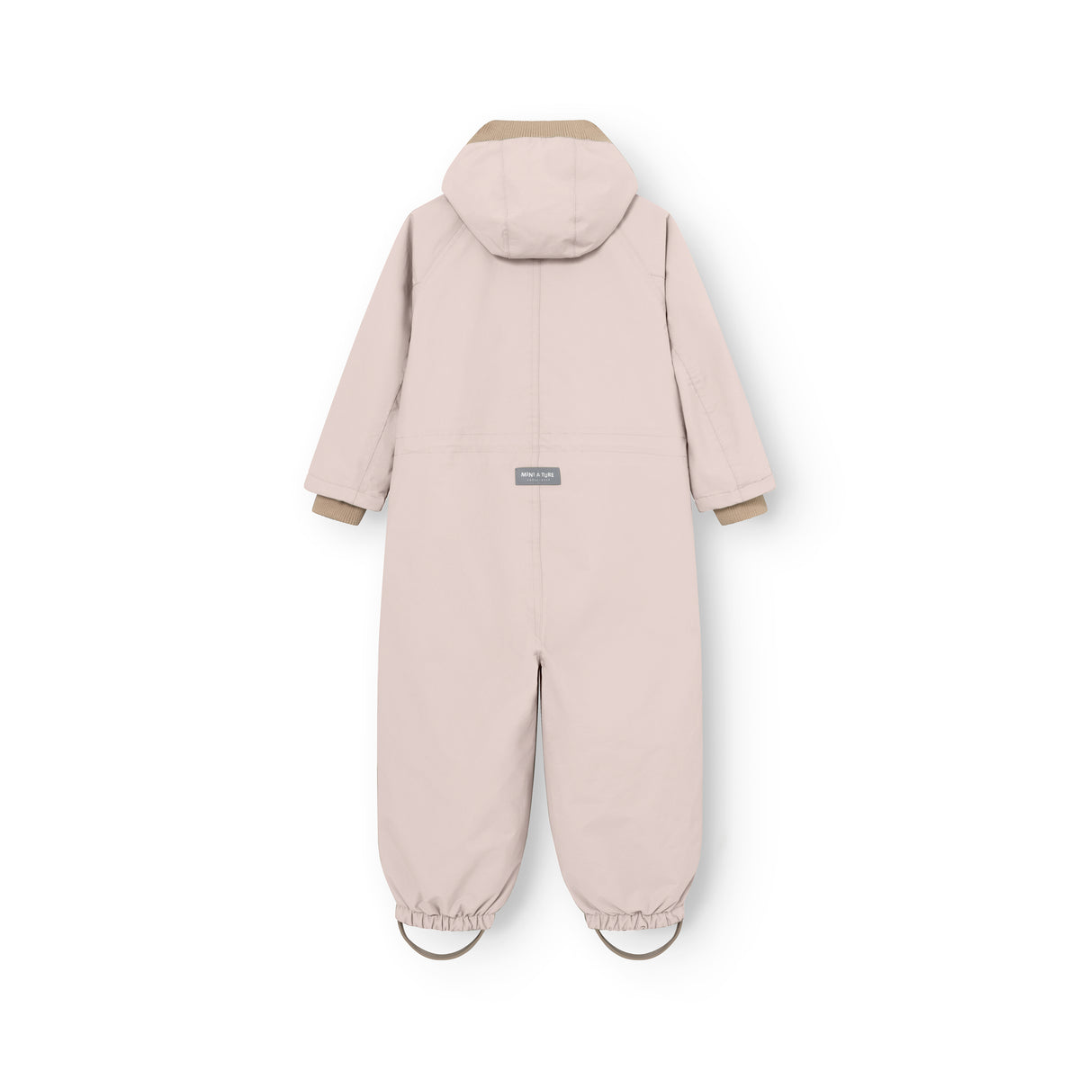 MATWISTO all season coverall in pale pink, photographed from the back to show the detachable hood, MINI A TURE reflex label at the lower back, ribbed cuffs and removable foot straps with elasticated ankle openings.