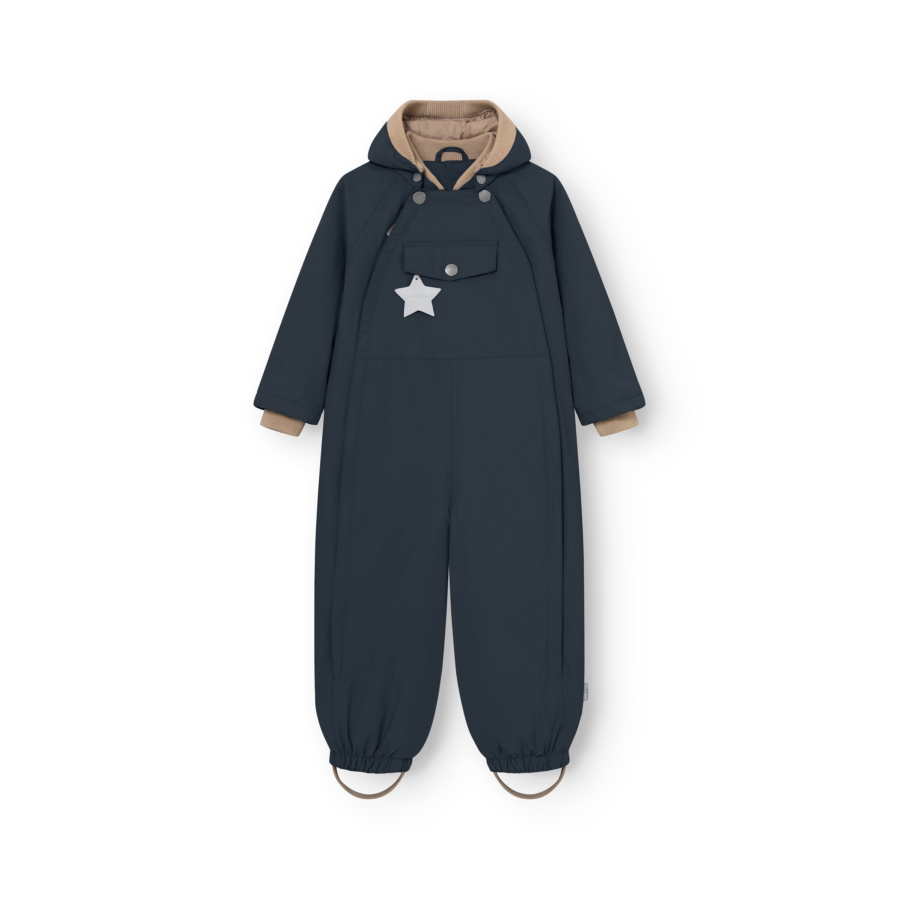 MATWISTO all season coverall in blue, photographed flat to reveal the detachable hood with contrasting beige lining, chest pocket with reflective star, ribbed cuffs and removable foot straps with elasticated ankle openings.