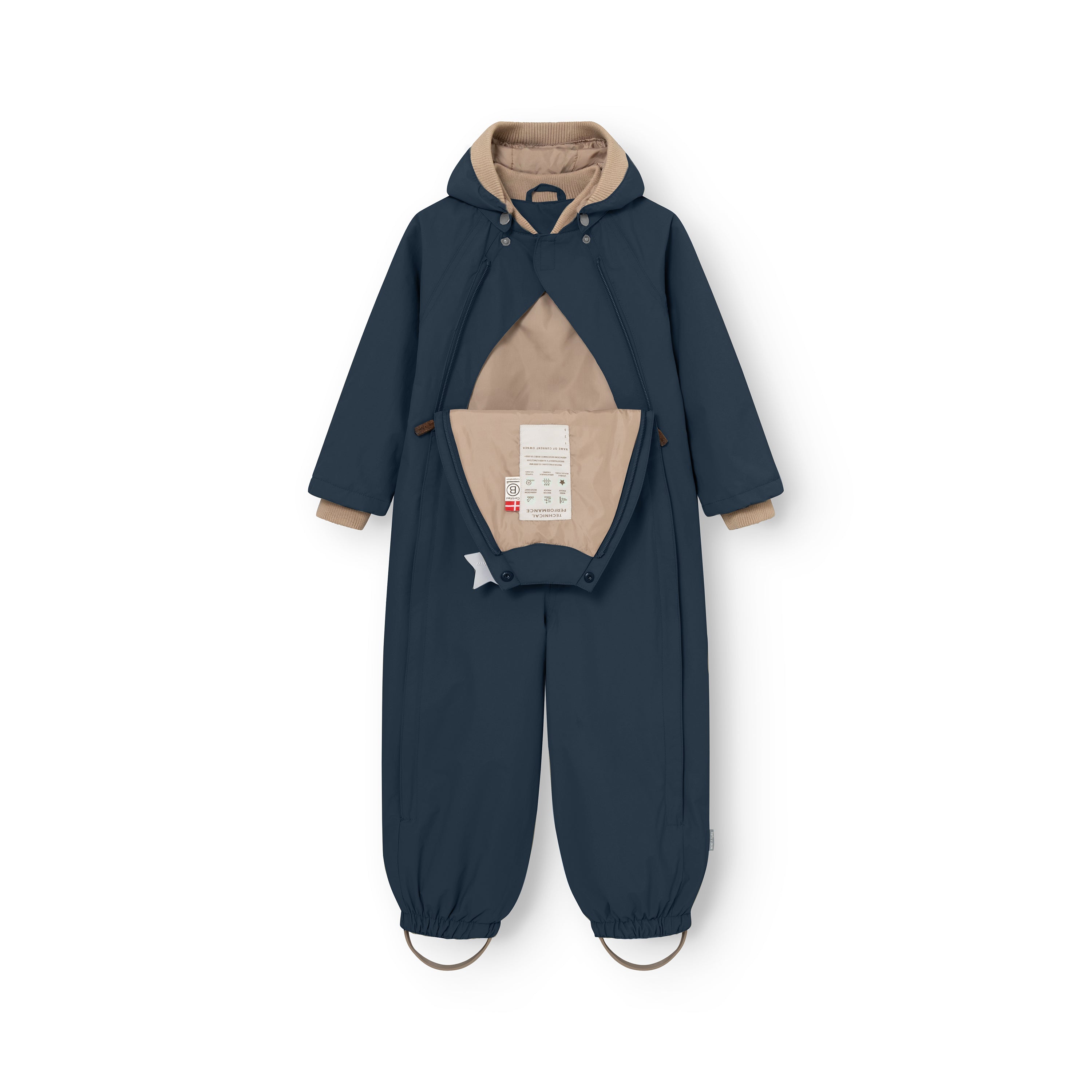 MINI A TURE MATWISTO ALL SEASON suit for children in dark blue with smooth outer fabric, front zip opening and detachable hood