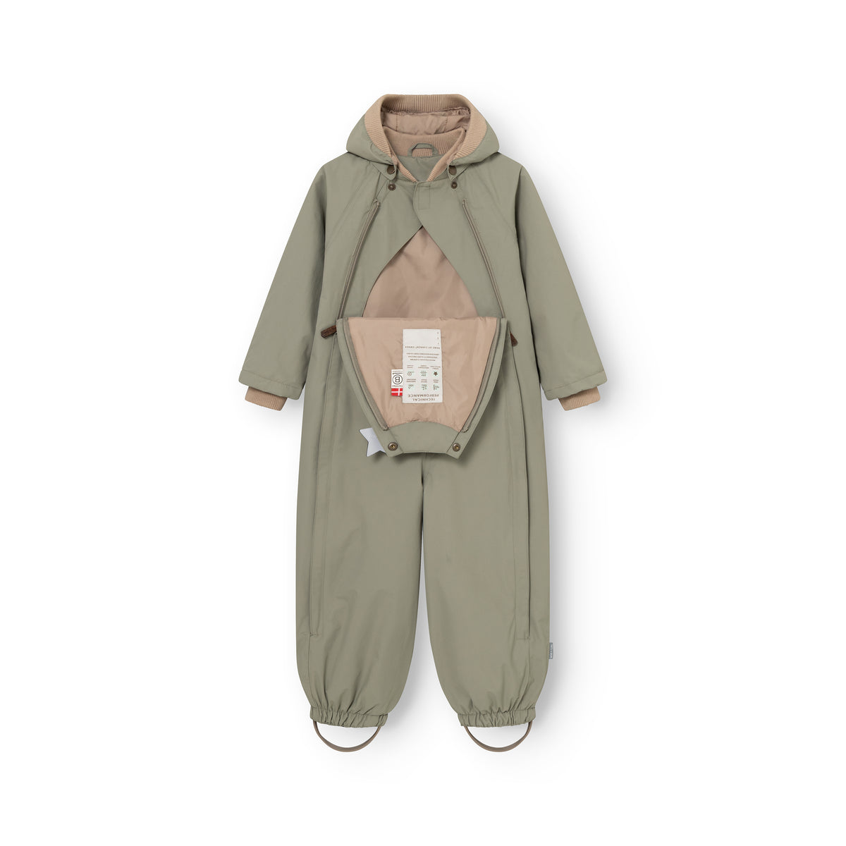 MINI A TURE MATWISTO ALL SEASON suit for children in green with smooth outer fabric, front zip opening and detachable hood