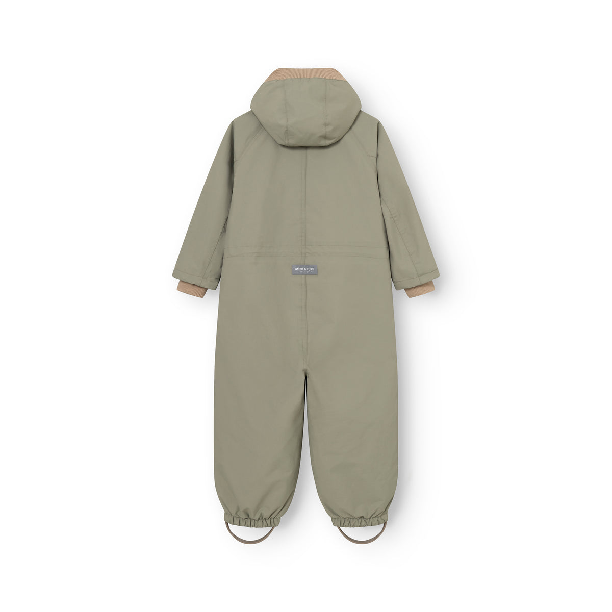 A green suit for children shown from the back, featuring tan ribbed cuffs and hem, elasticated ankle cuffs, and a small brand reflex label on the back.