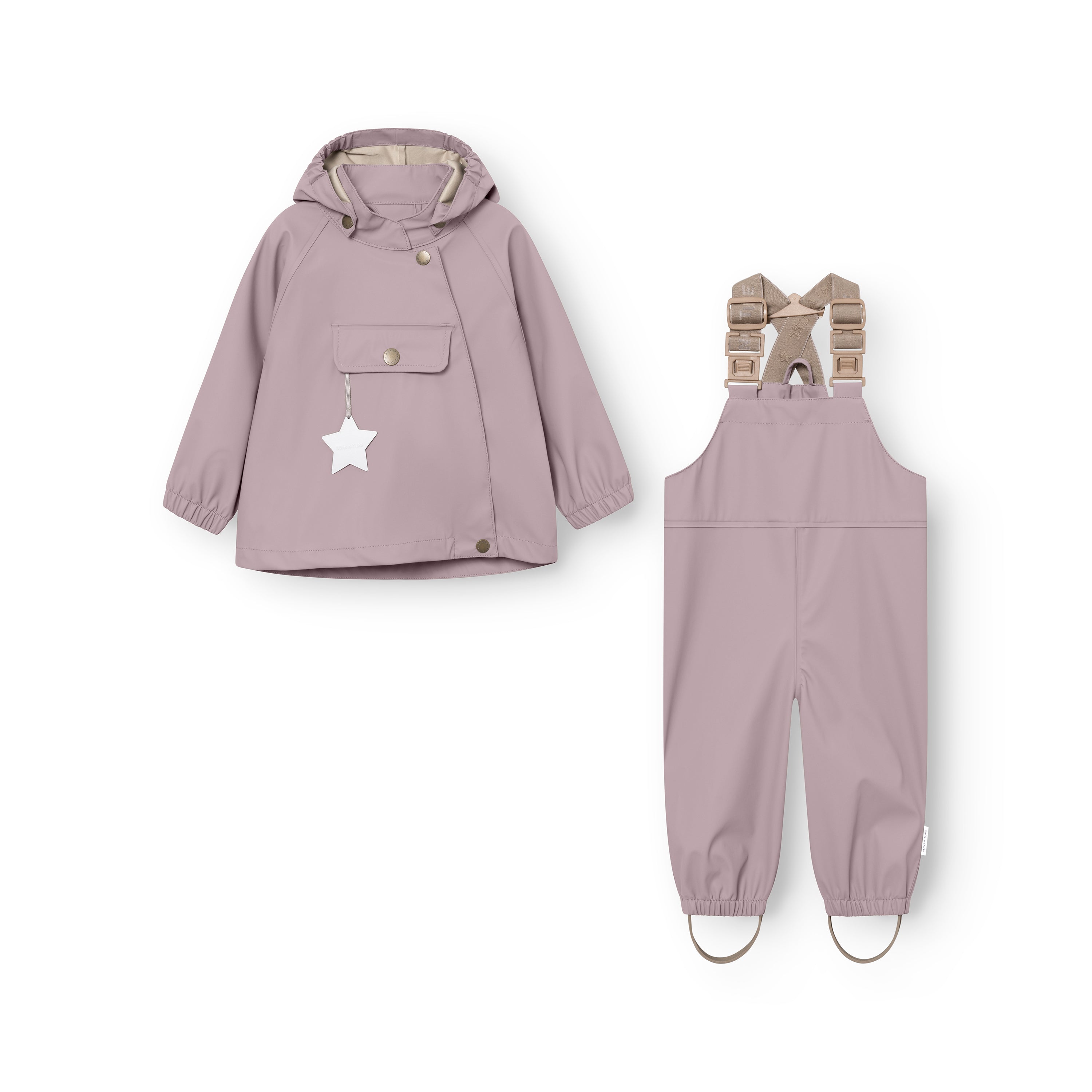 Children's raincoat and overalls set in pink on a white background