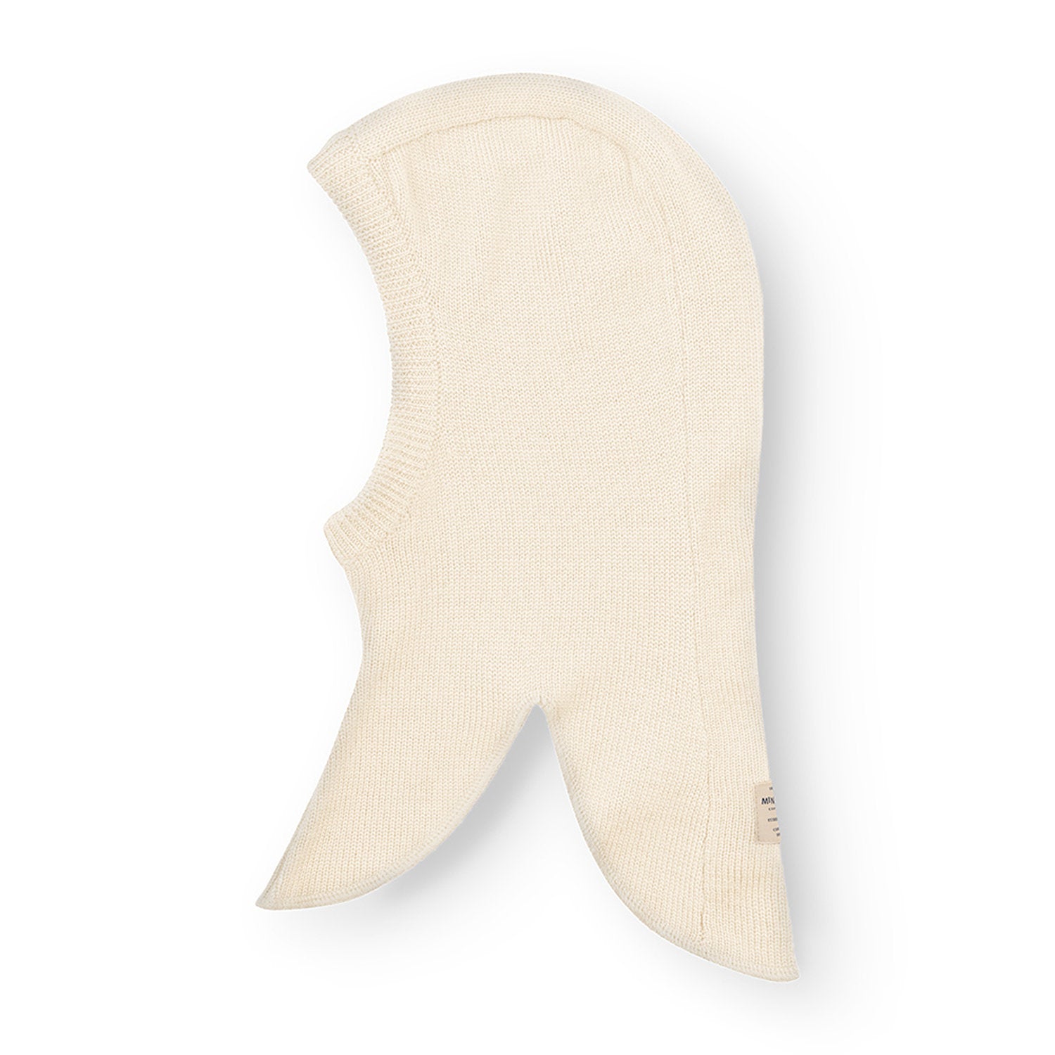 MATKEA light balaclava in natural cream merino wool, laid flat to show the full coverage design with extended neck and face protection, suitable for layering under helmets or winter hoods.