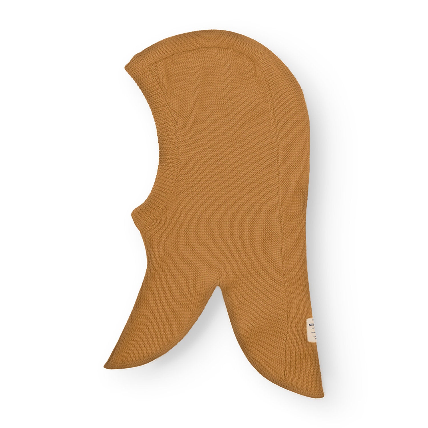 MATKEA light balaclava in warm caramel merino wool, displayed flat against a white background to show the knitted texture and shaped ear and neck flaps that provide full head coverage.