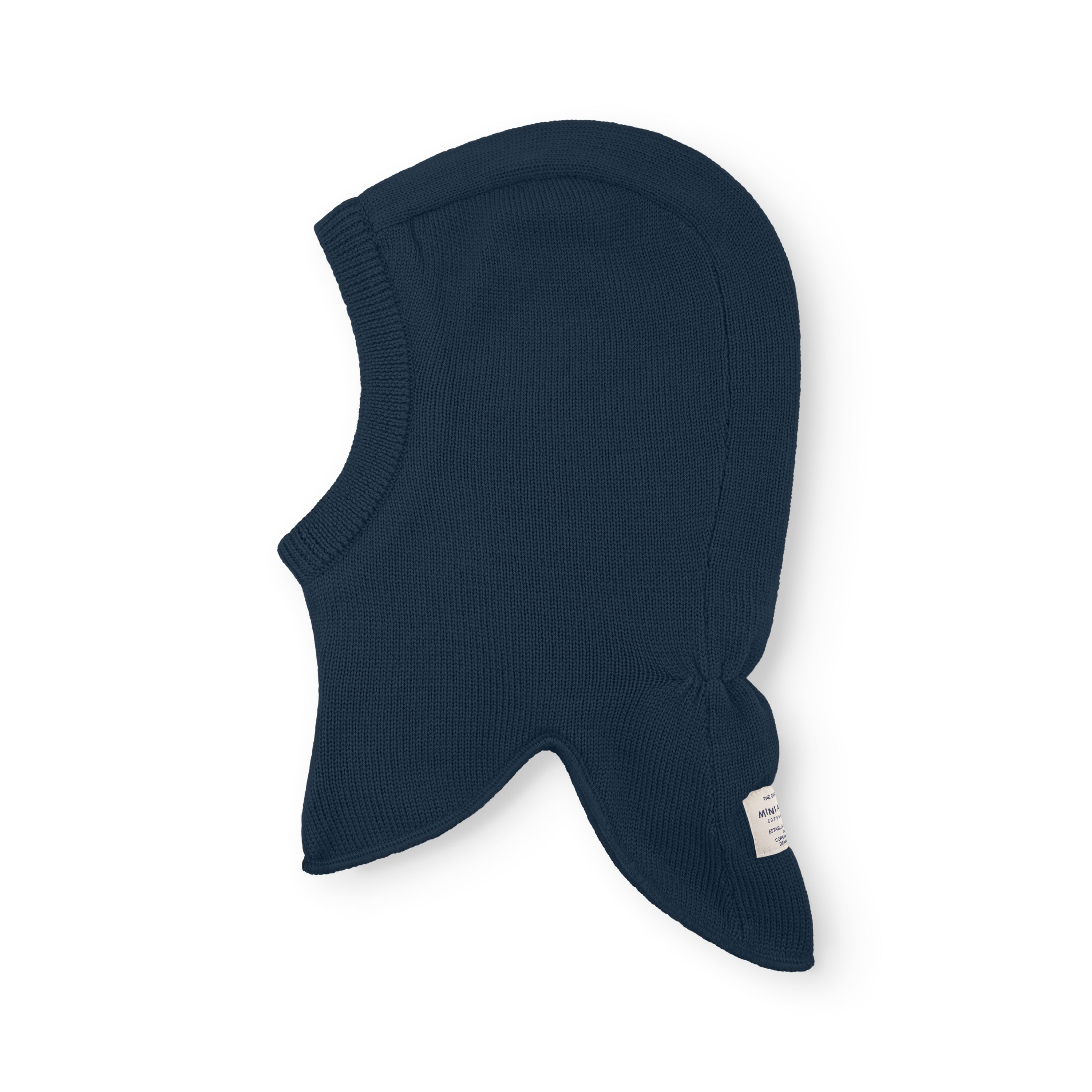 MATJORK balaclava laid flat showing the knitted merino wool construction, extended neck coverage and MINI A TURE label at the back.