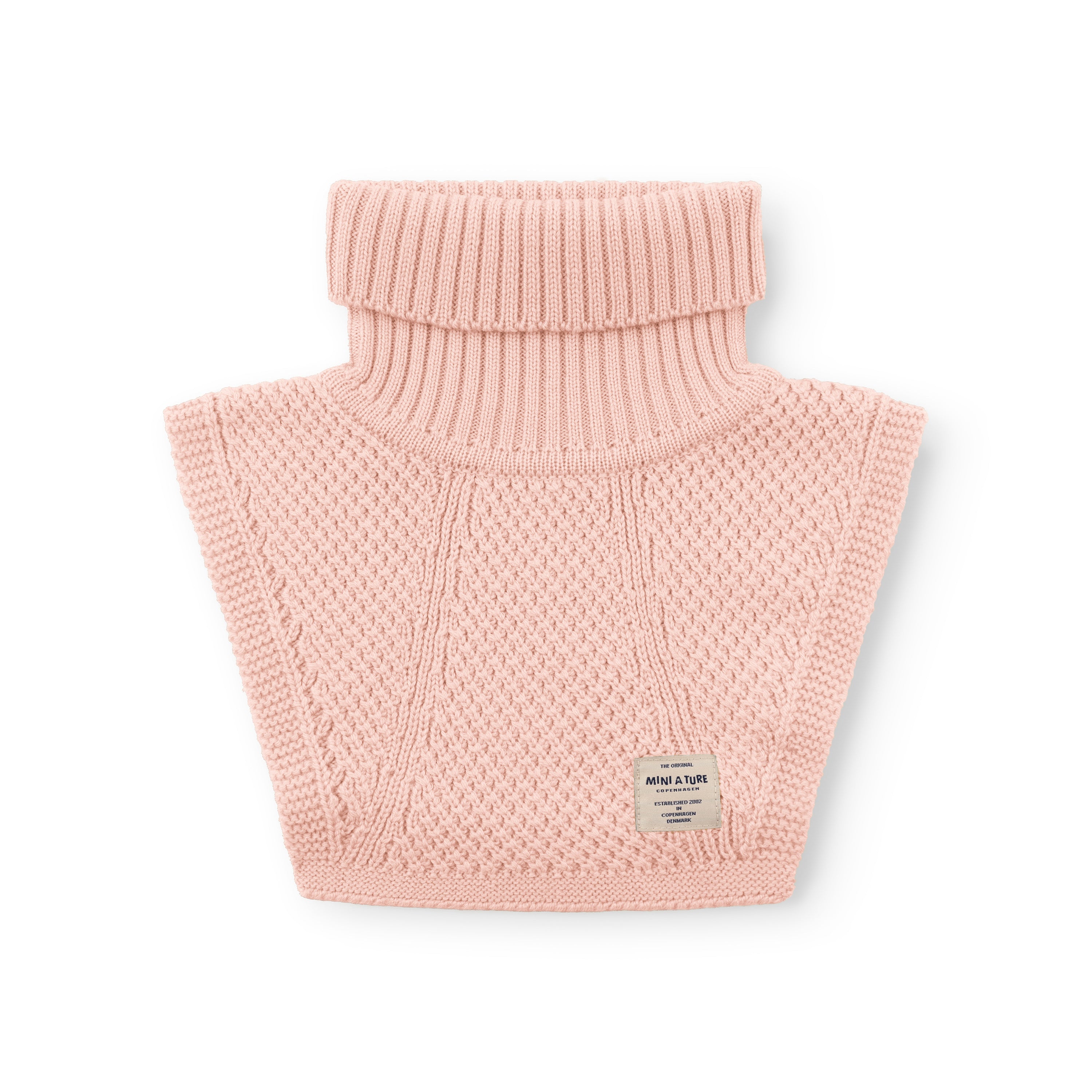 MATTAYLER neckwarmer in soft pink merino wool, photographed flat against a white background, showing the wide ribbed high neck folded over and moss-stitch textured front and back panels with a MINI A TURE label at the lower right.