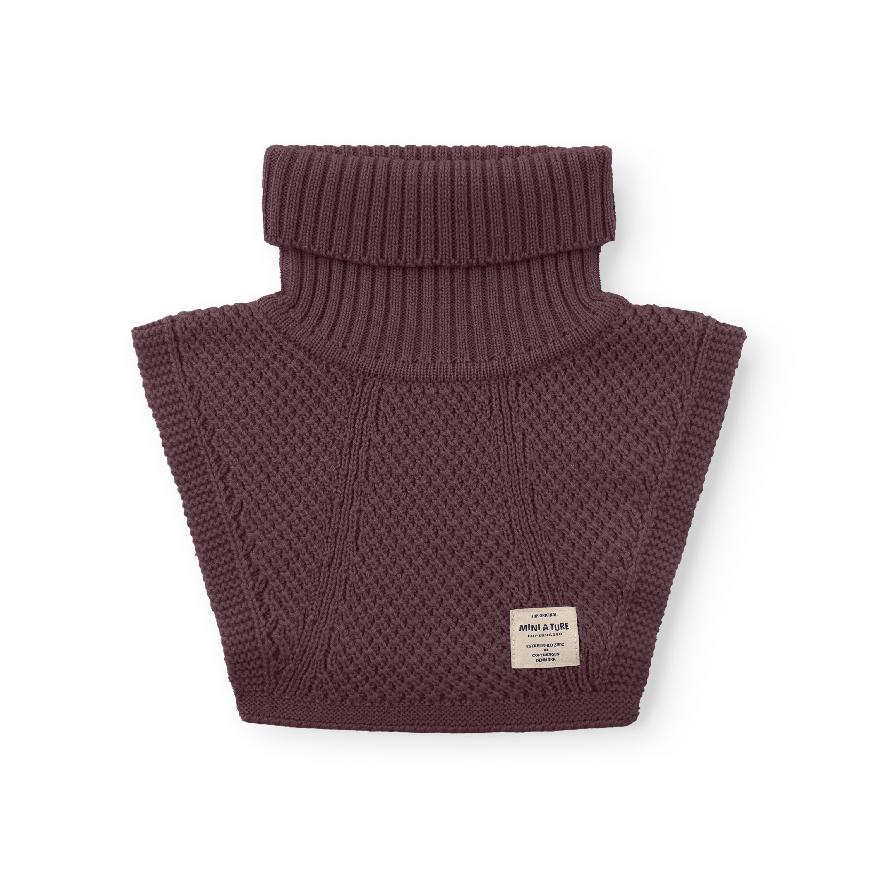 MATTAYLER neckwarmer in plum-coloured merino wool, photographed flat from above against a white background, showing the ribbed high neck folded down and textured moss-stitch front and back panels with a MINI A TURE label at the centre.