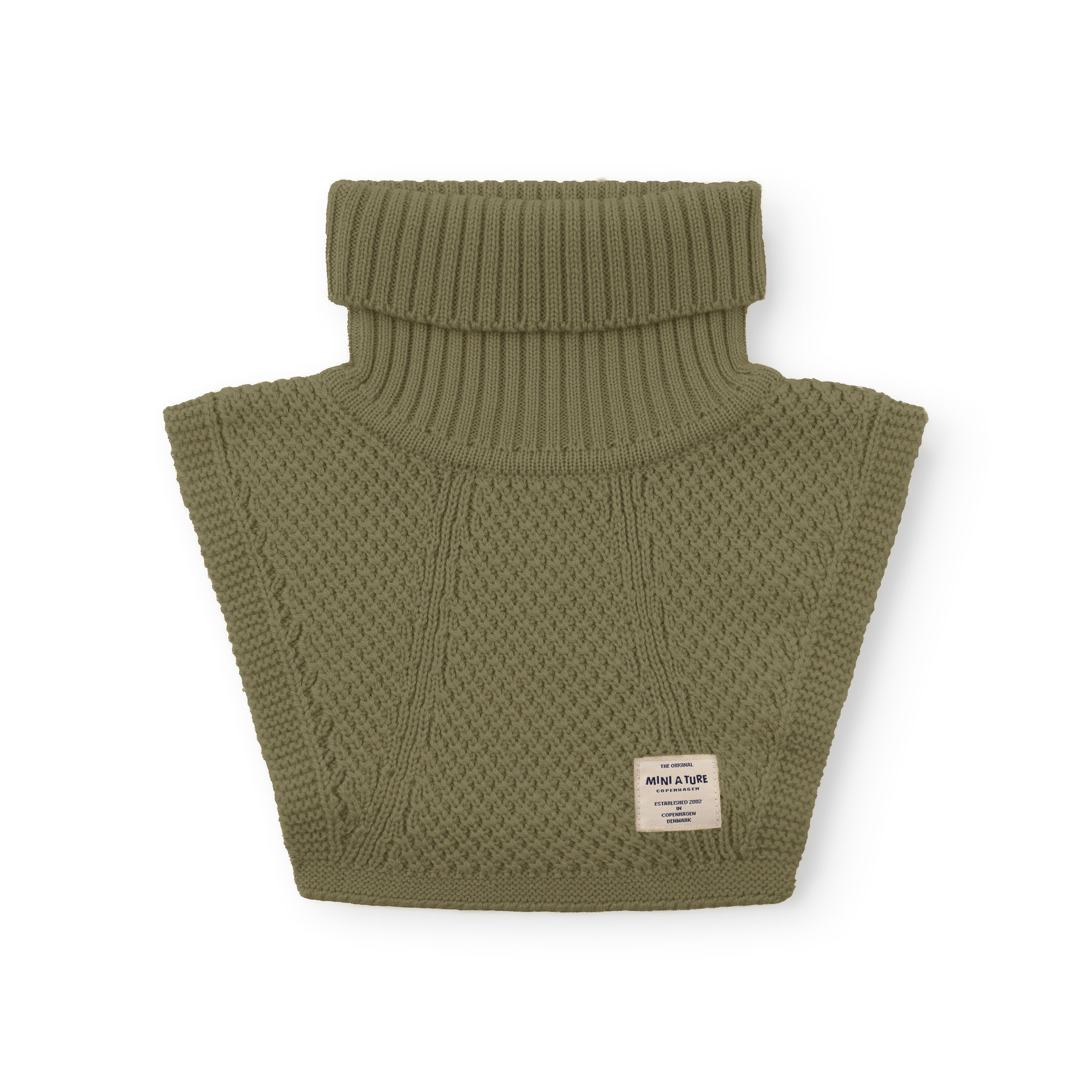MATTAYLER neckwarmer in olive green merino wool, photographed flat against a white background, showing the ribbed high neck and moss-stitch textured front and back panels with a MINI A TURE label at the lower centre.