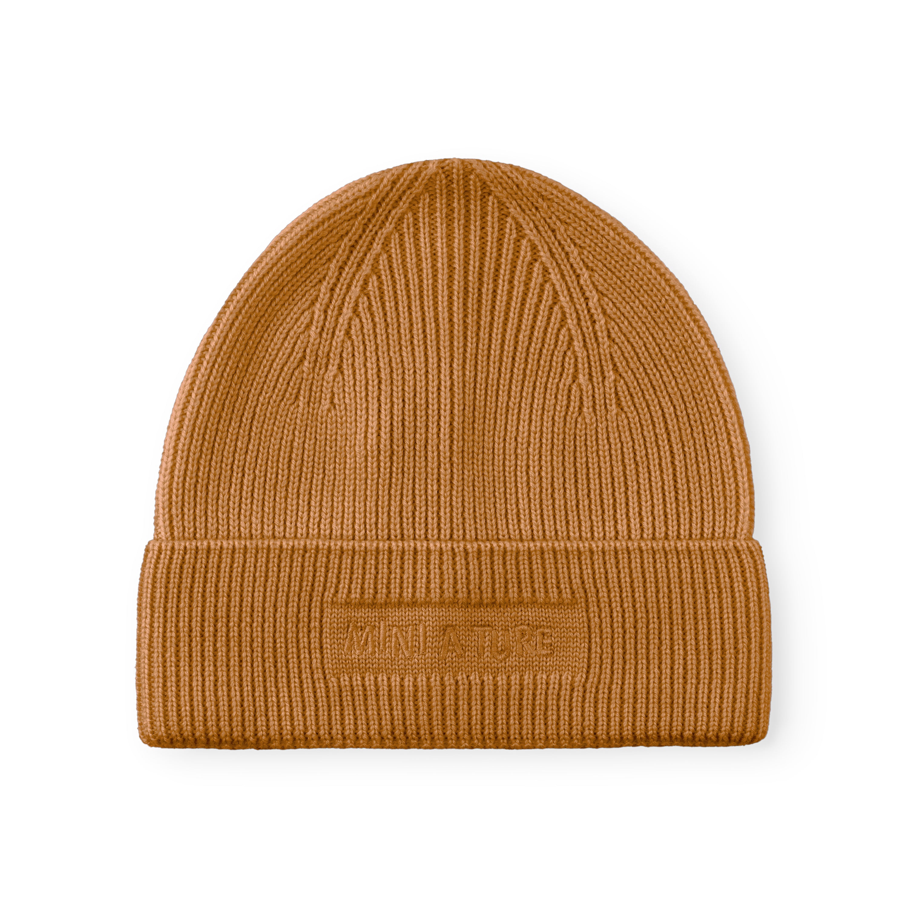 MATBOJE beanie in warm camel merino wool with ribbed texture, fold-up brim and embroidered logo detail, shown flat against a white background.