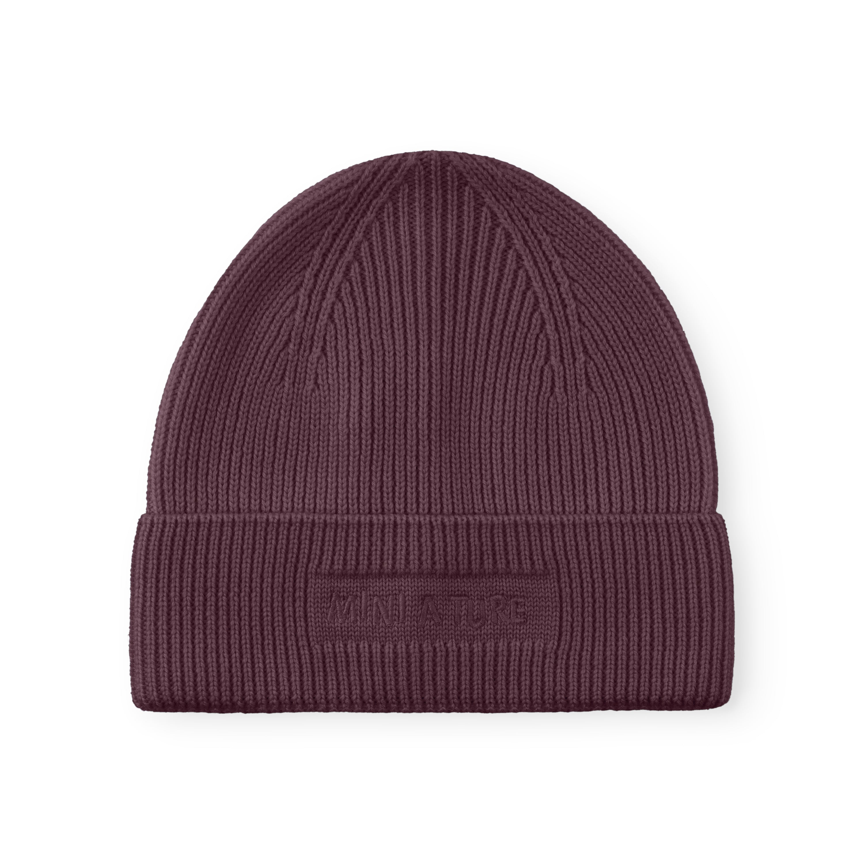 MATBOJE beanie in deep plum merino wool with a ribbed knit and fold-up brim, displayed flat against a white background showing the embroidered logo.
