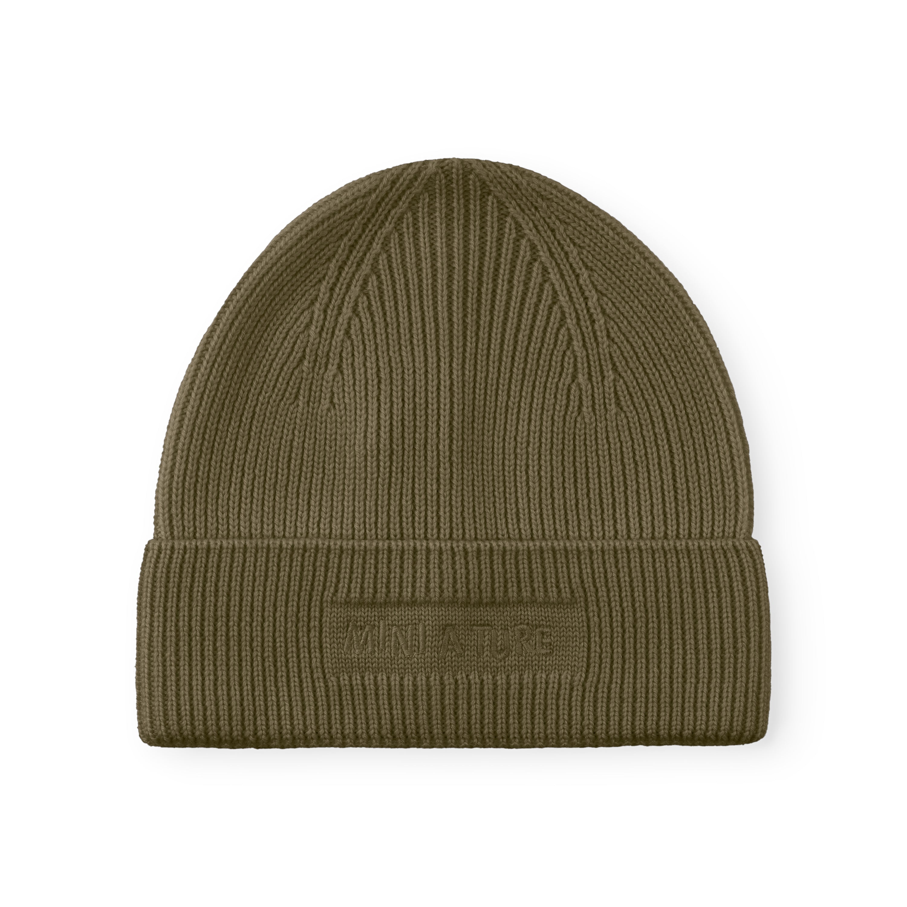 MATBOJE beanie in grey-green merino wool with a ribbed knit and fold-up brim, laid flat against a white background showing the embroidered MINI A TURE logo.